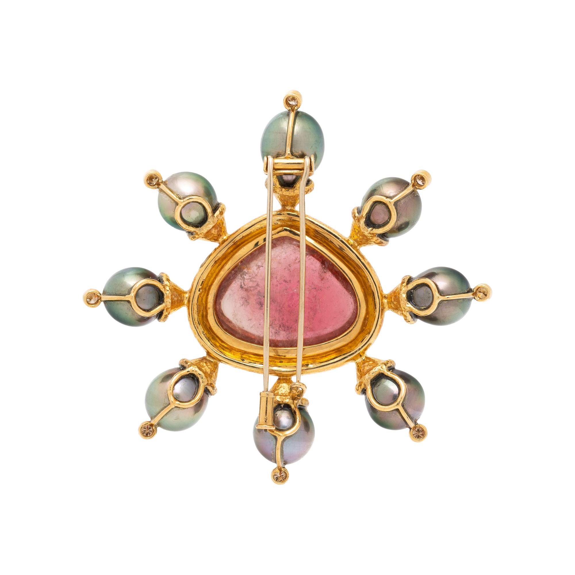PINK TOURMALINE, GRAY CULTURED PEARL, DIAMOND, AND YELLOW GOLD BROOCH