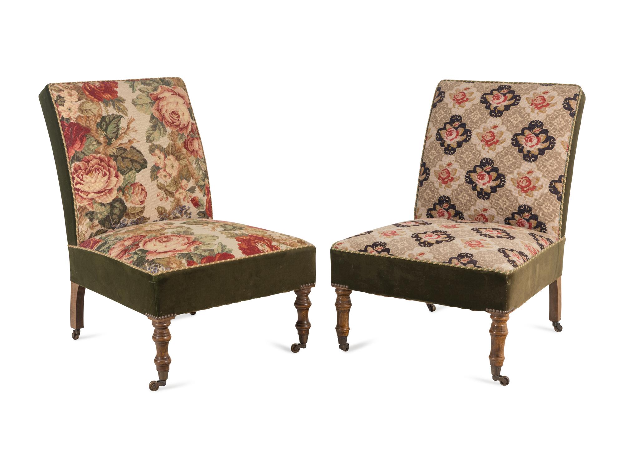 A Pair of Victorian Oak Slipper Chairs with Needlepoint Seats