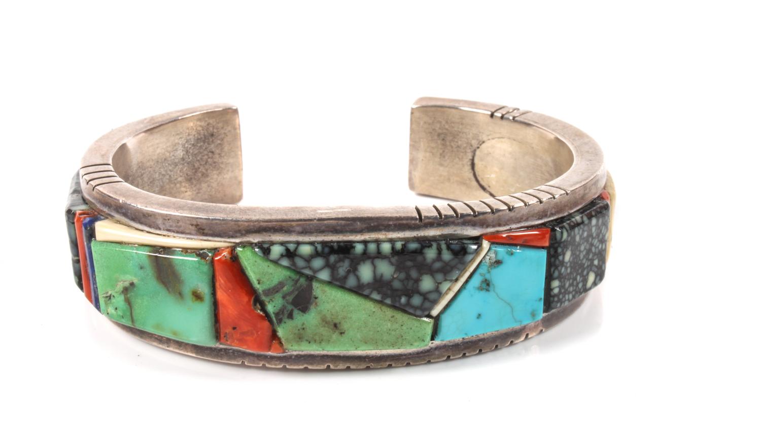 David Tune (Dine/ Creek, b. 1955) Silver and Multi Gem Cuff Bracelet Length 5 1/2 x opening 1 x width 3/4 inches
