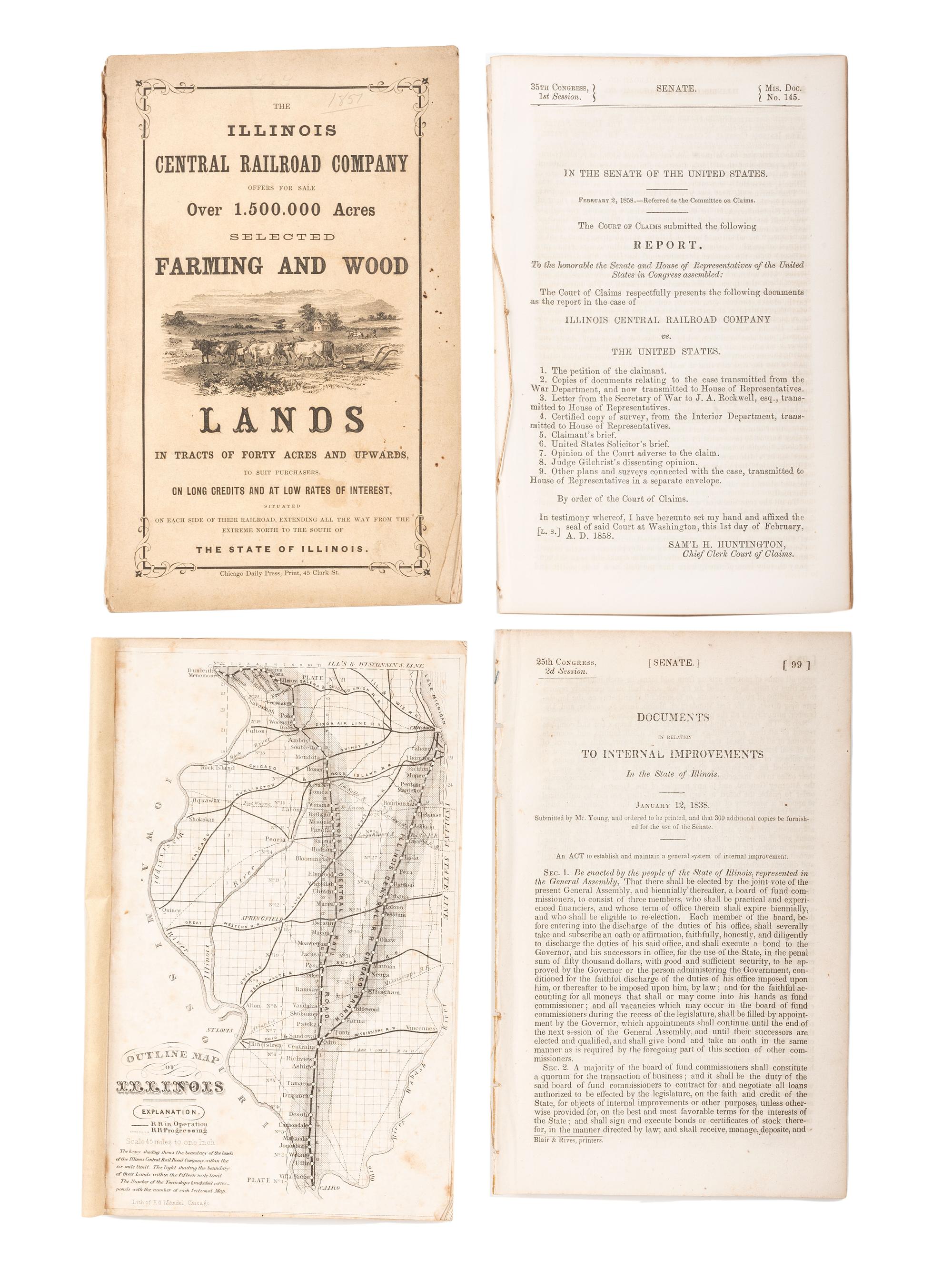 [RAILROADS]. A group of maps, pamphlets, broadsides, and other ephemera related to Illinois railroads, comprising: