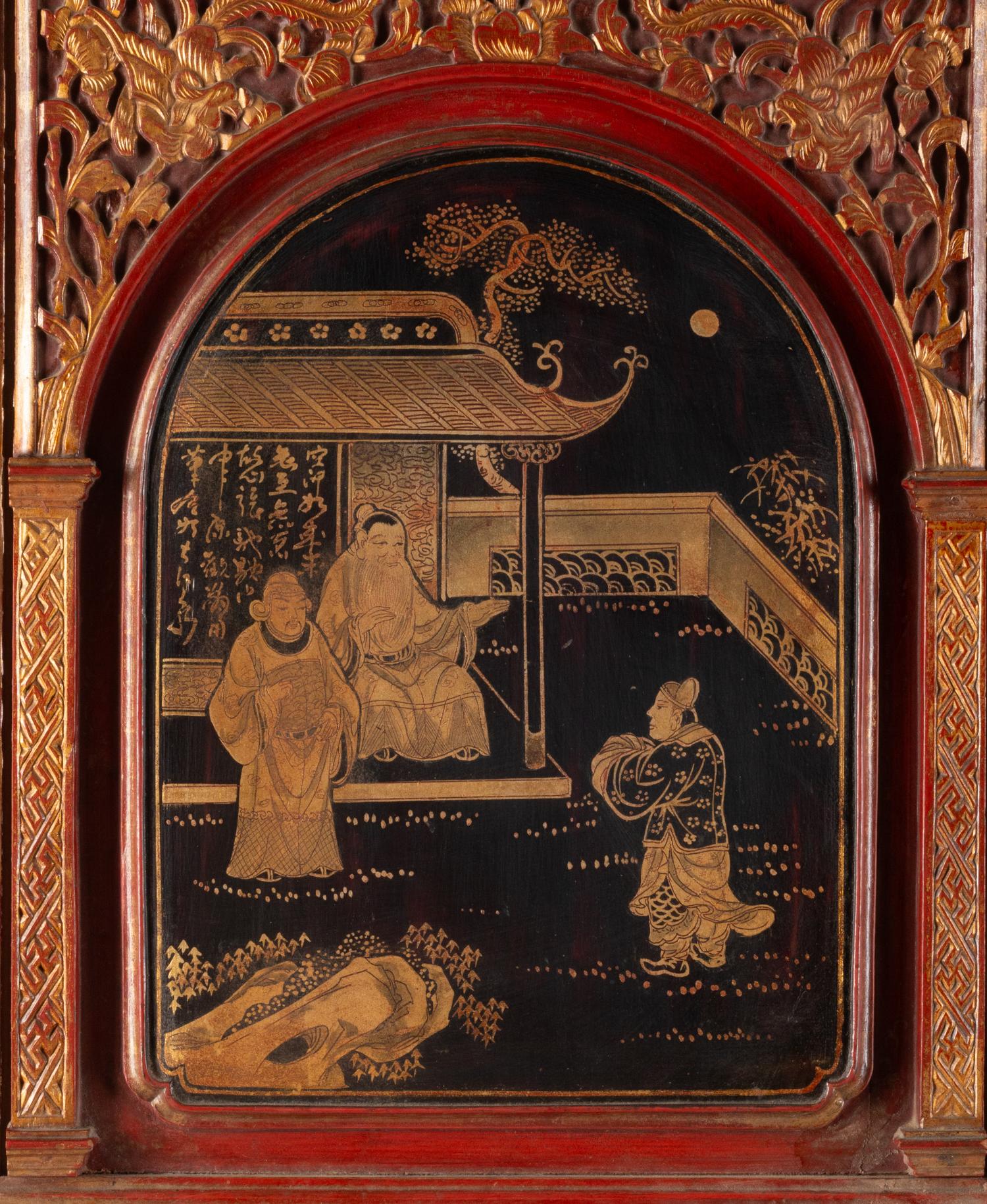 A Chinese Red Lacquer and Parcel Gilt Two-Part Cabinet