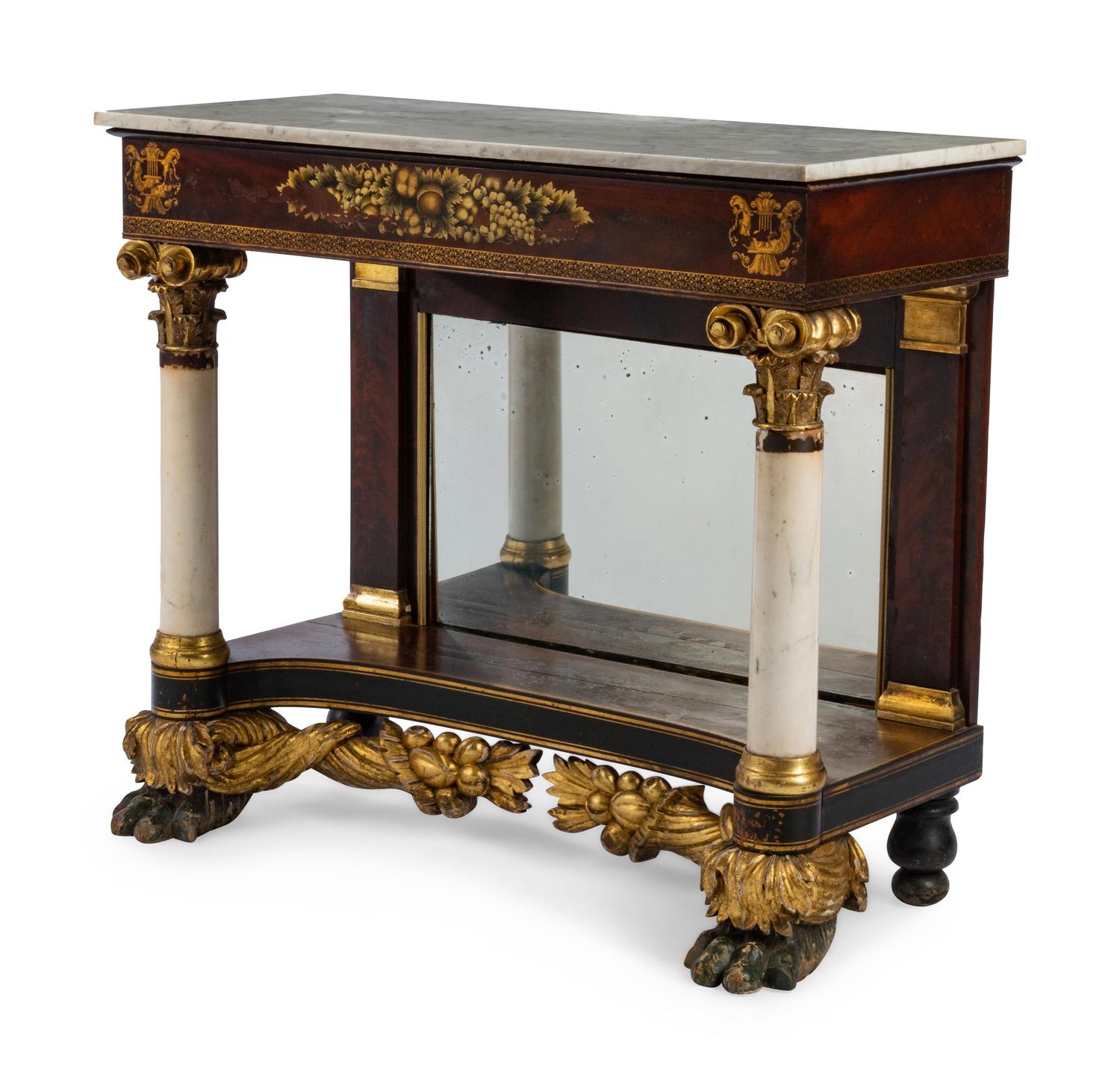 A Classical Painted and Parcel Gilt Mahogany Marble-Top Pier Table