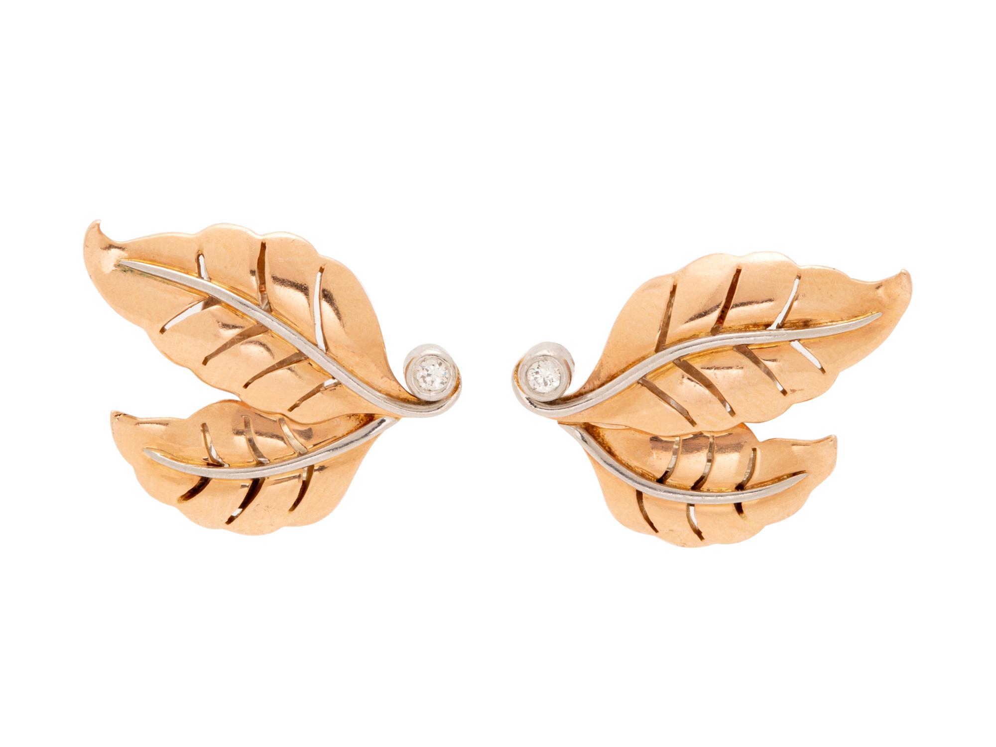 A Pair of Bicolor Gold and Diamond Leaf Earclips,