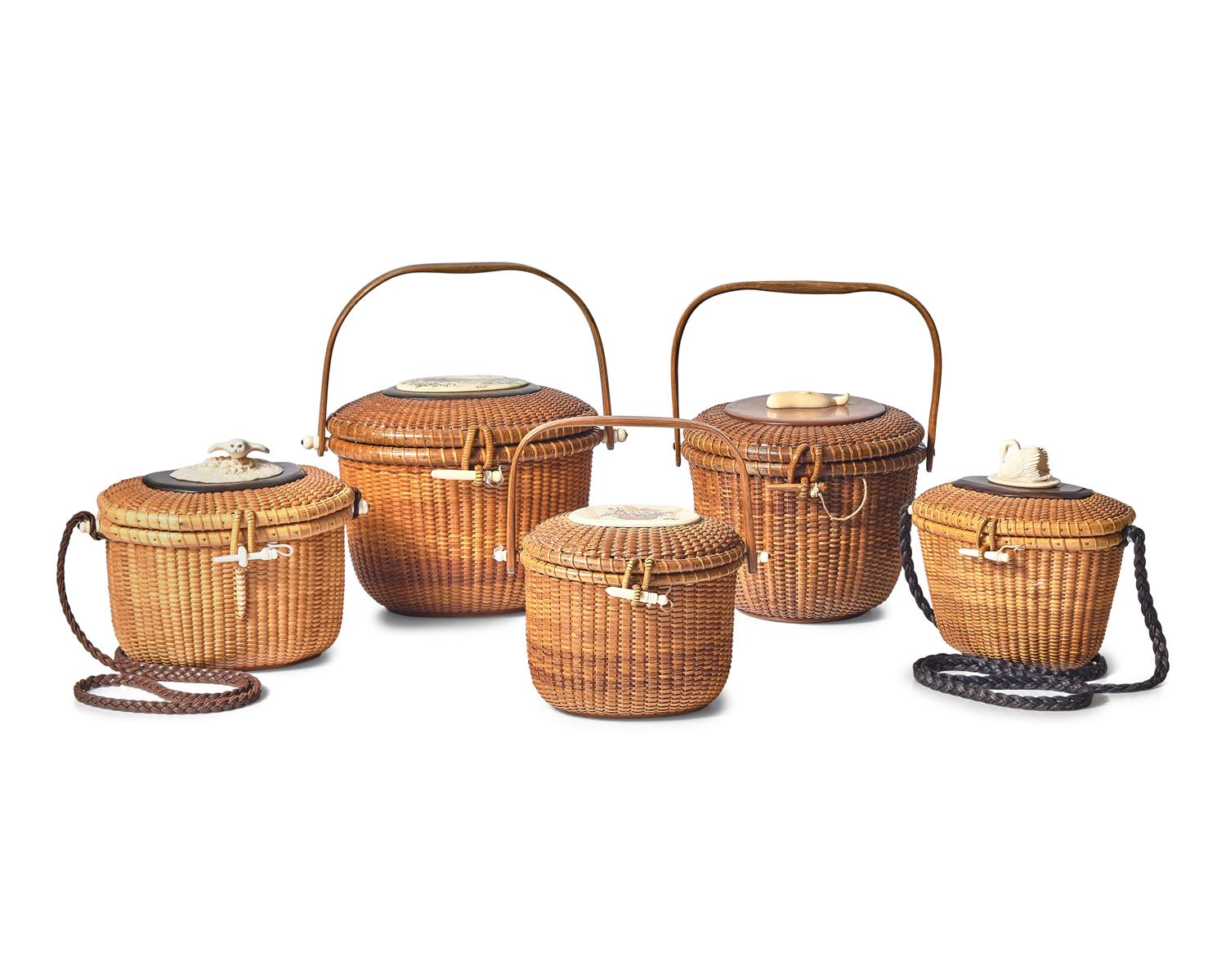 A Collection of Five Nantucket Lightship Purse Baskets, Various Makers, Dates Ranging 1963-2006
