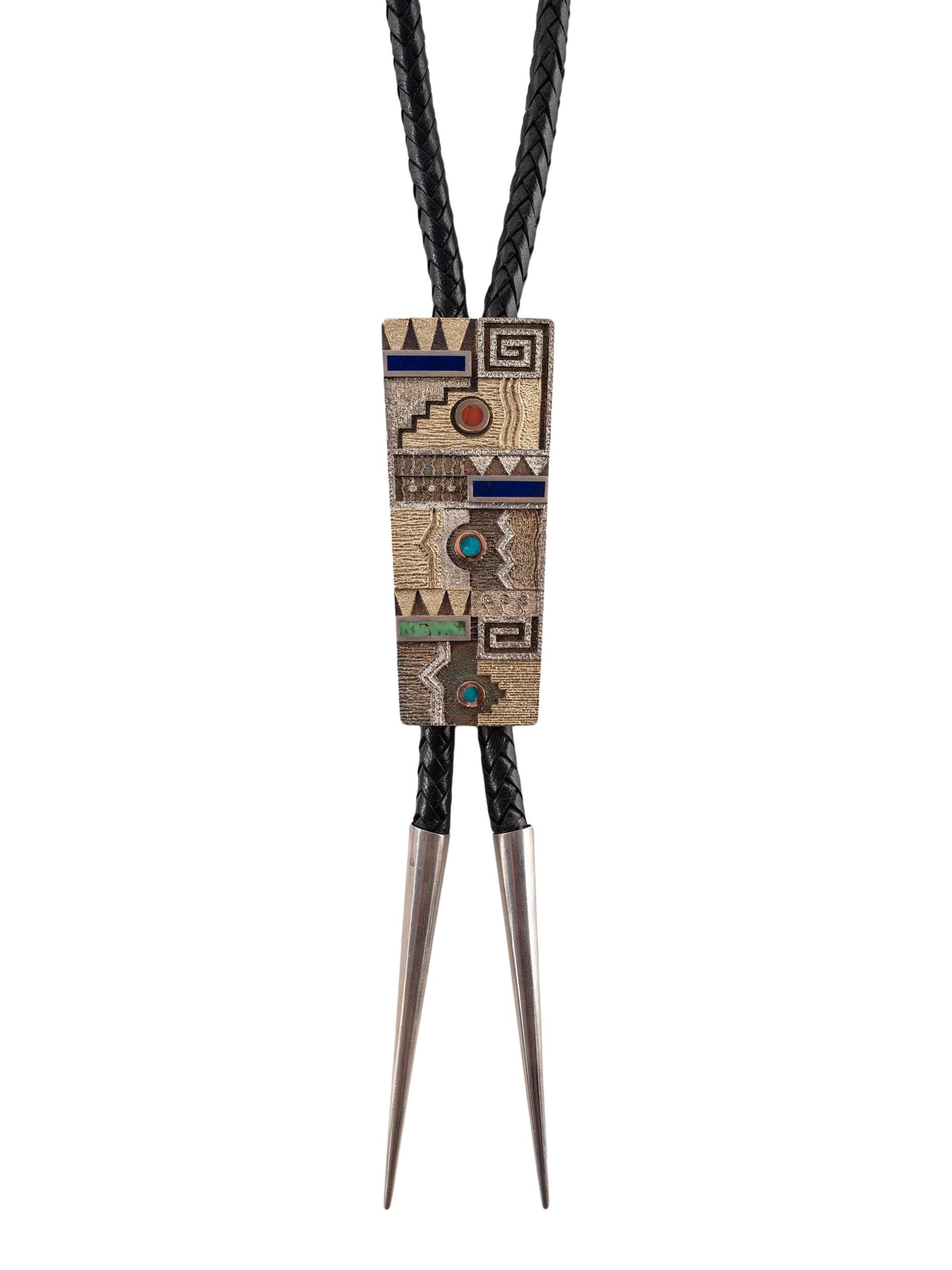 Silver Tufa Cast Katsina Bolo Tie, with Turquoise, Coral, Lapis, and 14K Gold Accents