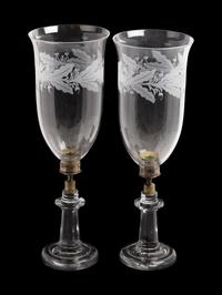 A Pair of English Etched Glass Hurricane Candlesticks