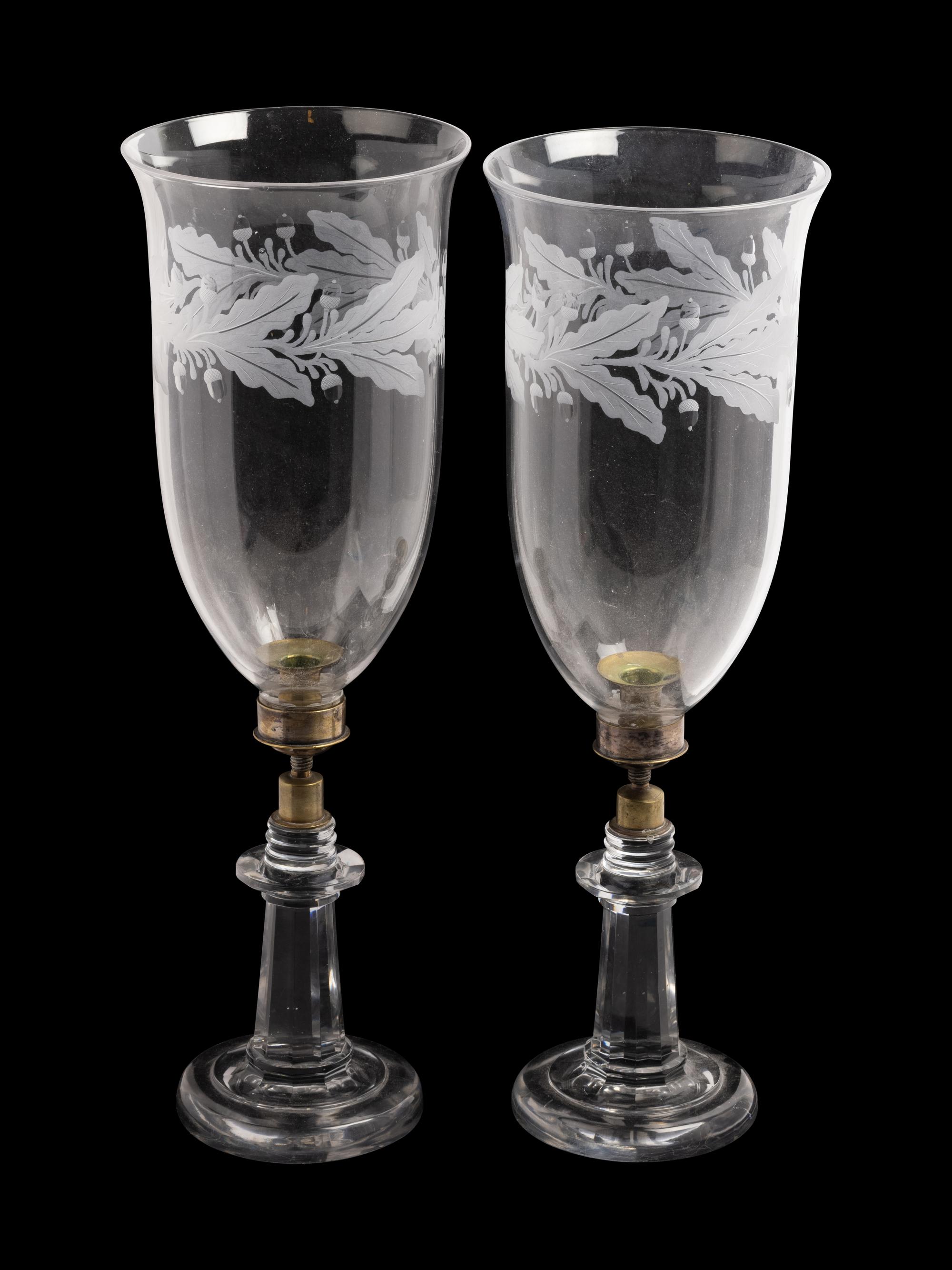 A Pair of English Etched Glass Hurricane Candlesticks