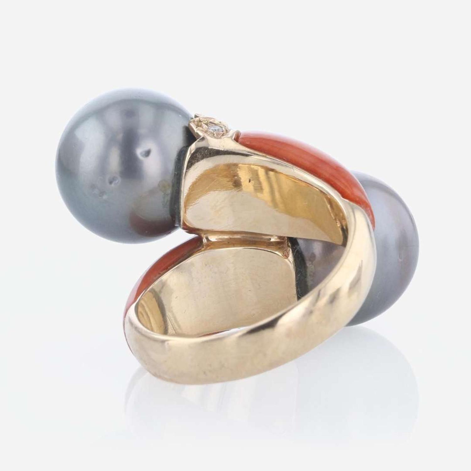 A 14K Yellow Gold Tahitian Pearl, Coral, and Diamond Ring Italian,