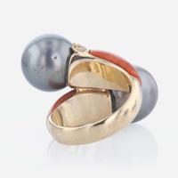 A 14K Yellow Gold Tahitian Pearl, Coral, and Diamond Ring Italian,