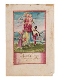 GERMAN PAINTER (SCHOPPS VON ULM?) A leaf from the Stammbuch ( Album amicorum ) of Jochim Schelles of Ulm, with two full-page miniatures, in German, illuminated manuscript on paper [Southern Germany, Ulm, 1587]