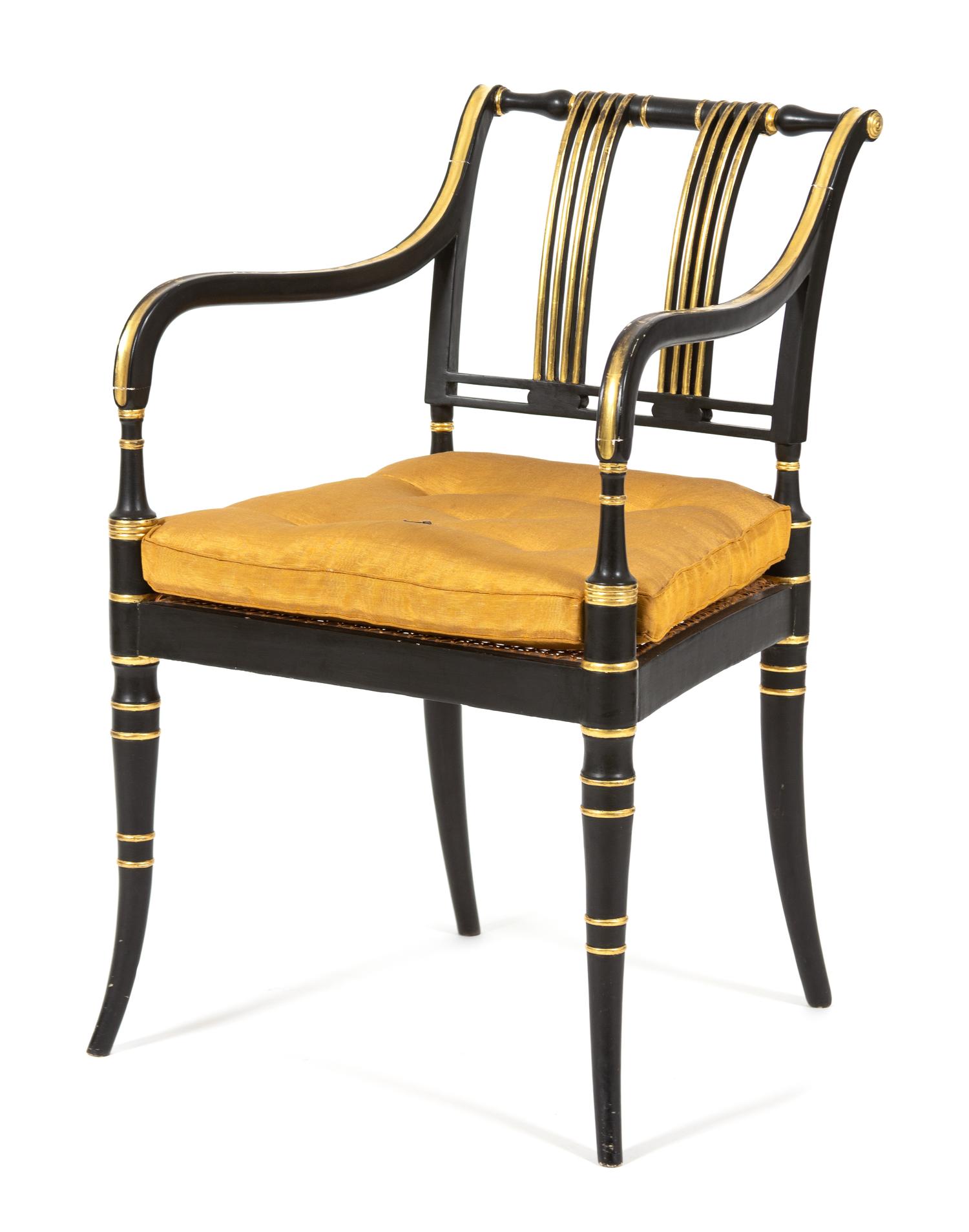 A Regency Ebonized and Gilt Decorated Open Armchair Height 32 x width 20 x depth 18 inches. — 19TH CENTURY