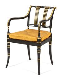 A Regency Ebonized and Gilt Decorated Open Armchair Height 32 x width 20 x depth 18 inches. — 19TH CENTURY