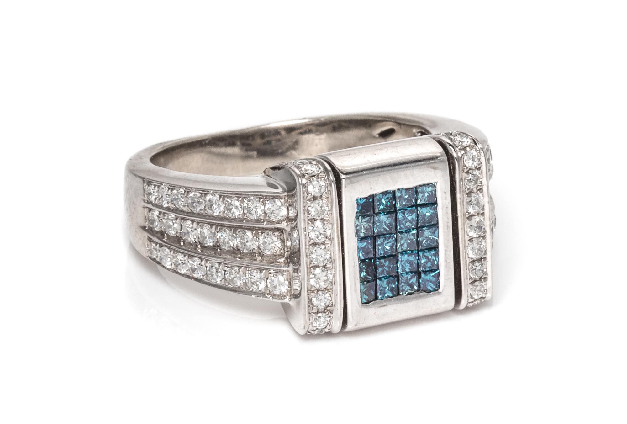 A 14 Karat White Gold, Irradiated Diamond and Diamond Ring,