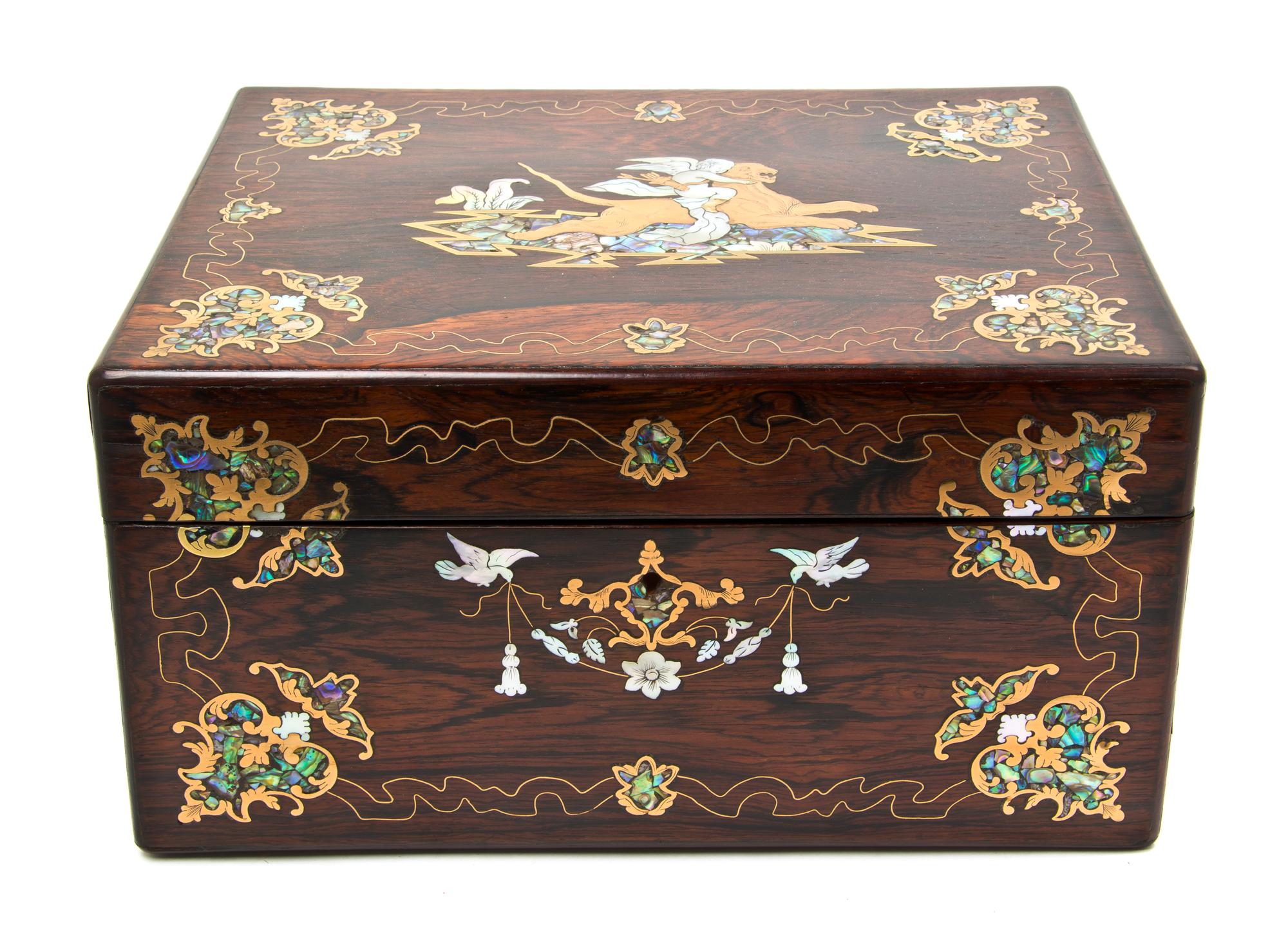 A Victorian Brass and Mother-of-Pearl Inlaid Dresser Box, Width of box 12 inches.