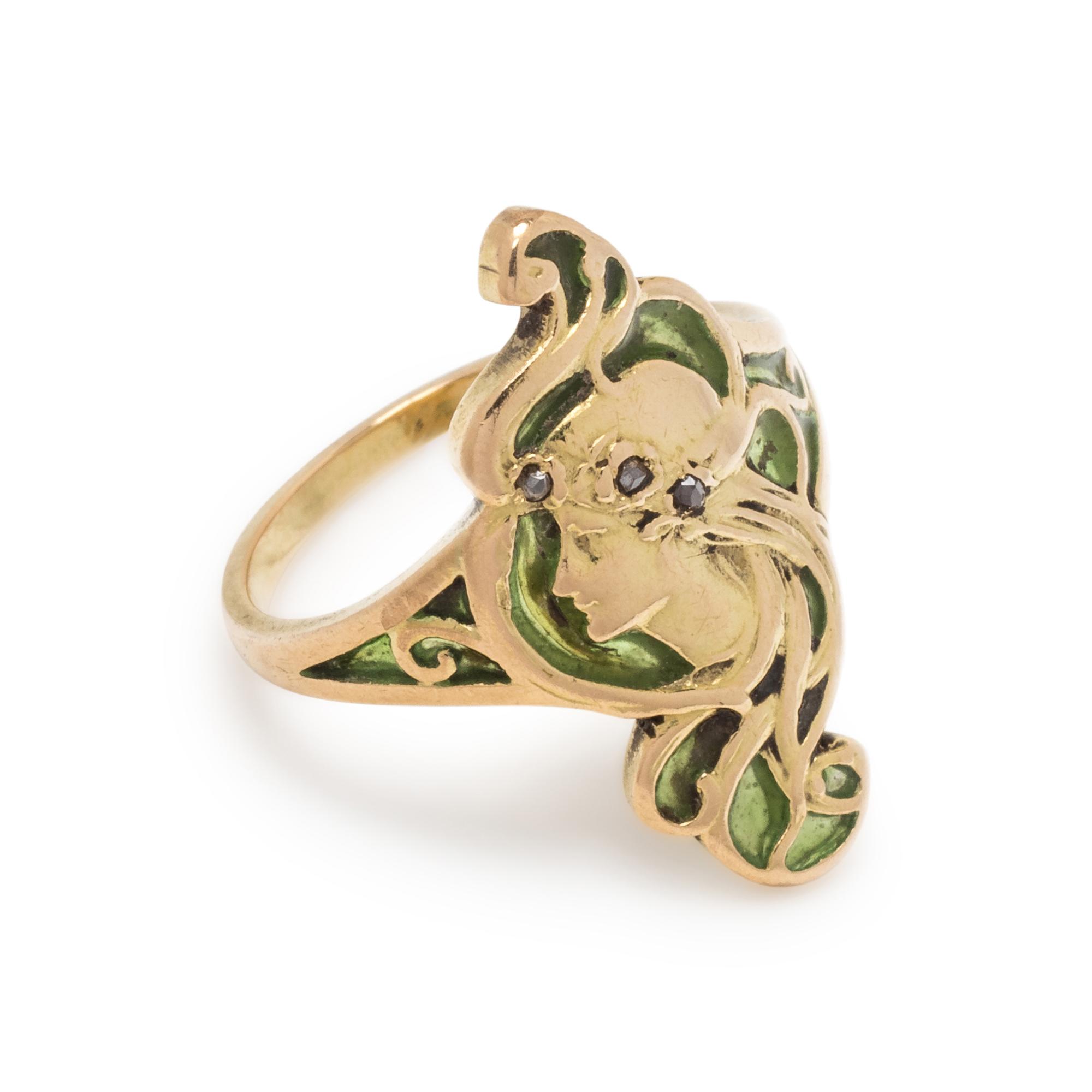 FRENCH, ART NOUVEAU, PLIQUE-À-JOUR ENAMEL AND DIAMOND RING