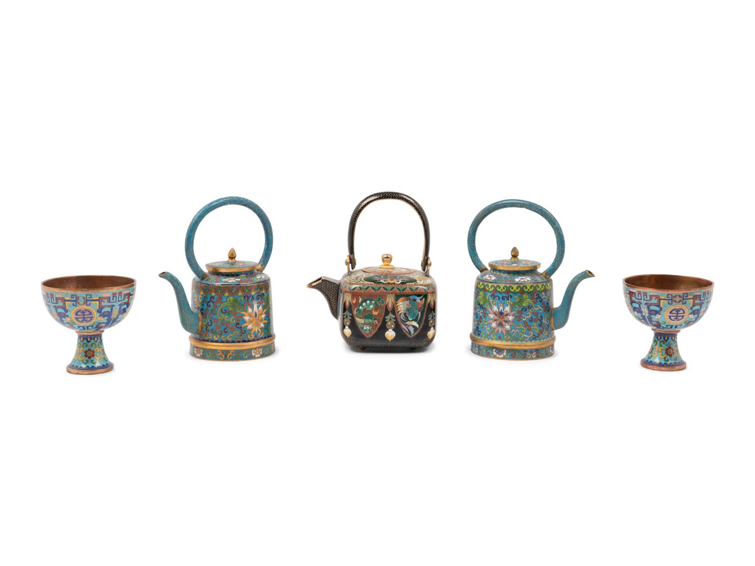 A Group of Three Cloisonné Teapots and Two Cups