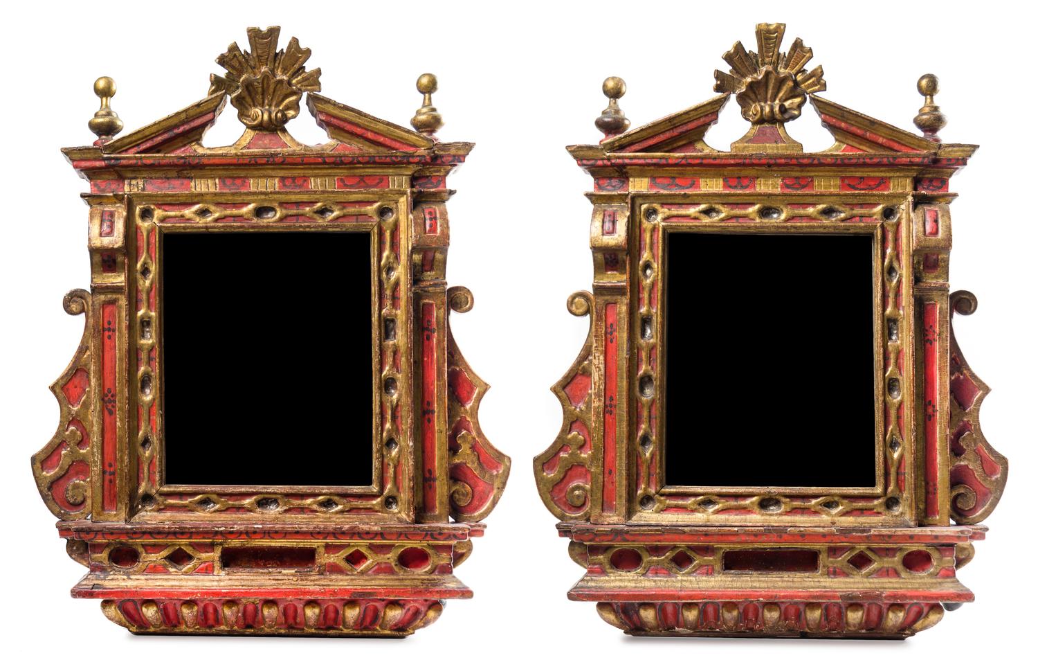 A Pair of Northern Italian Painted and Parcel Gilt Tabernacle Frames Height 27 1/2 x width 22 inches. — 16TH/17TH CENTURY