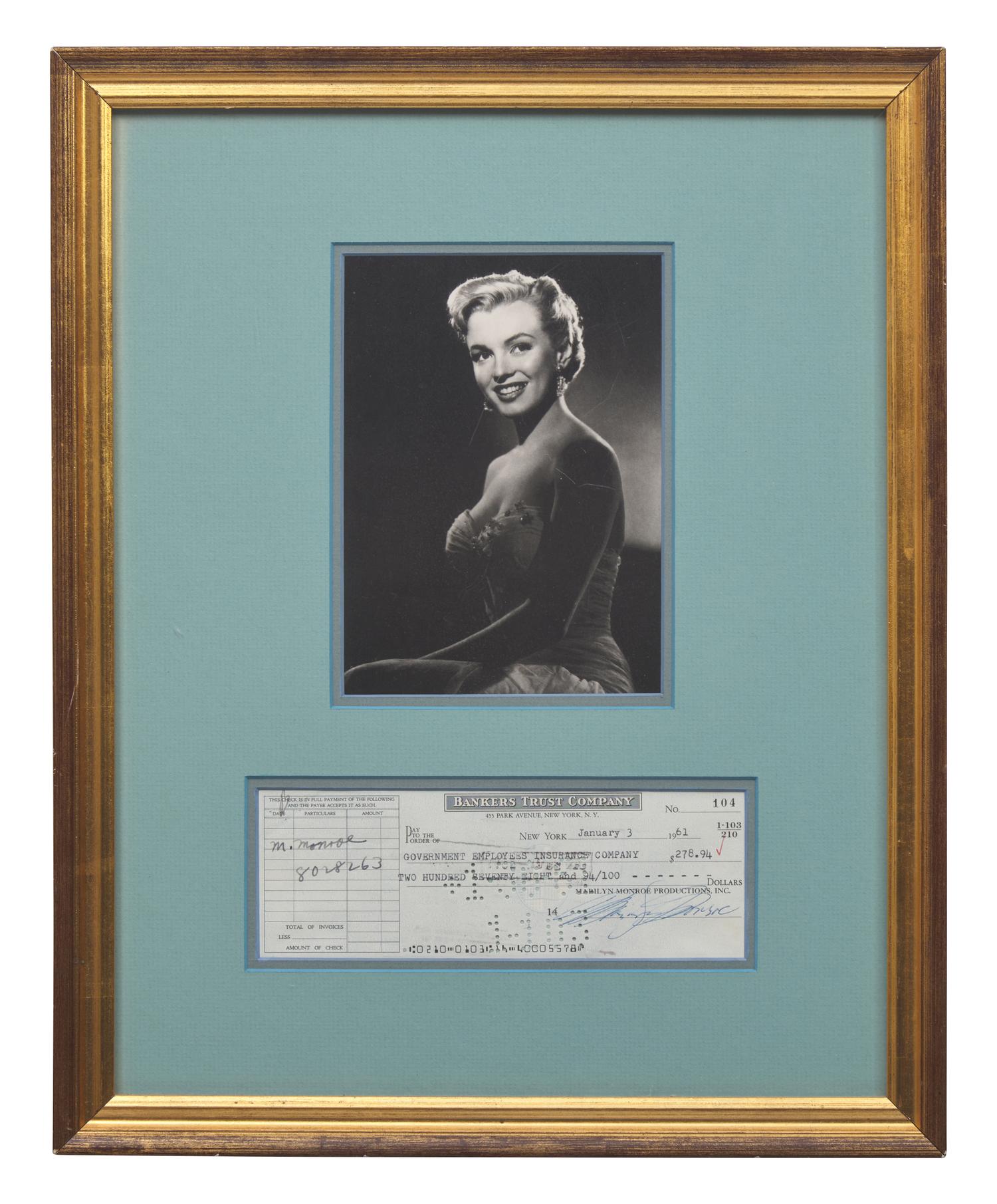 [Entertainment] Monroe, Marilyn. Partially-Printed Check, signed