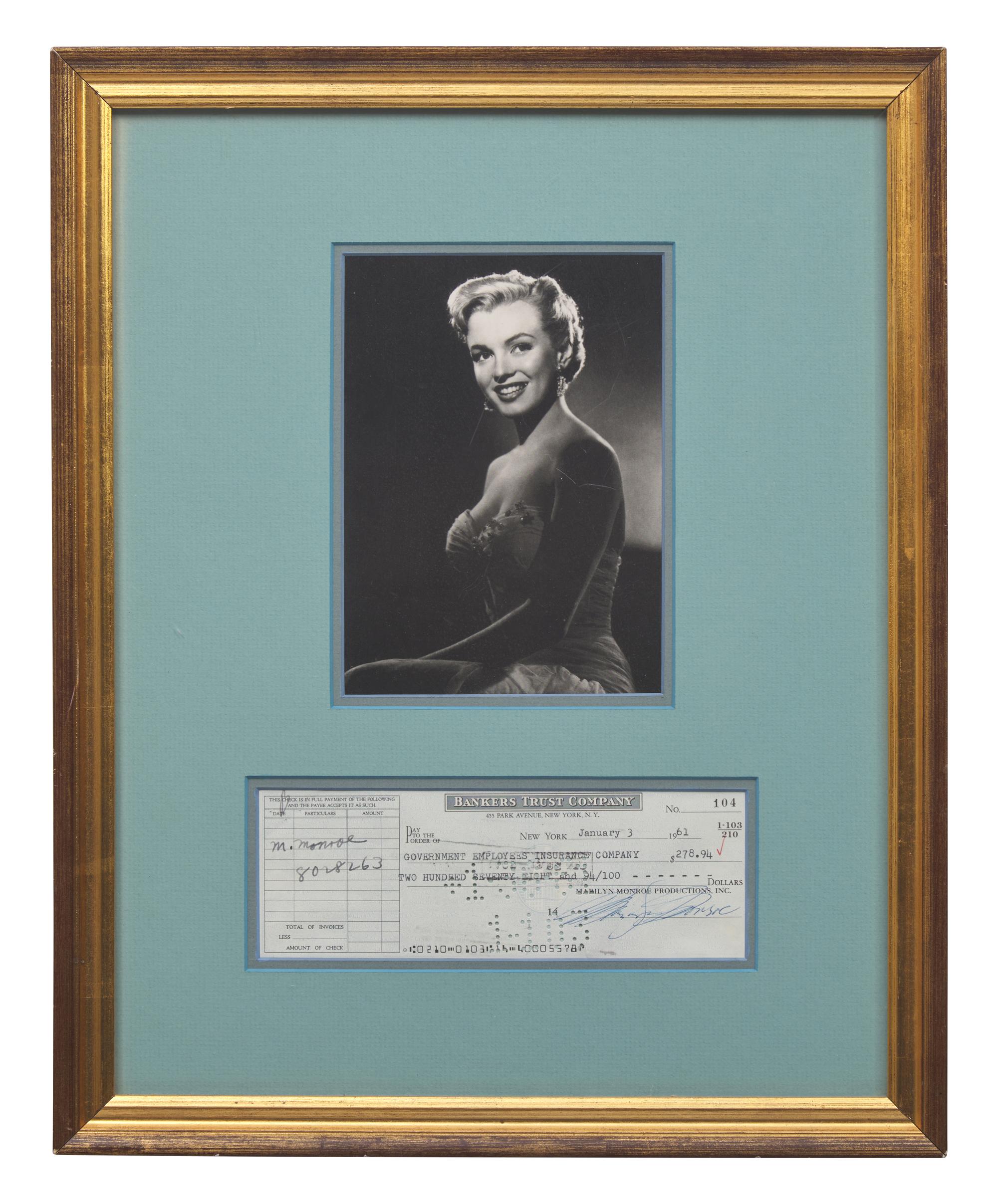 [Entertainment] Monroe, Marilyn. Partially-Printed Check, signed