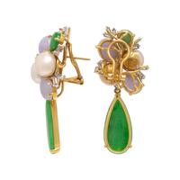Jade, Cultured Pearl, and Diamond Drop Earrings
