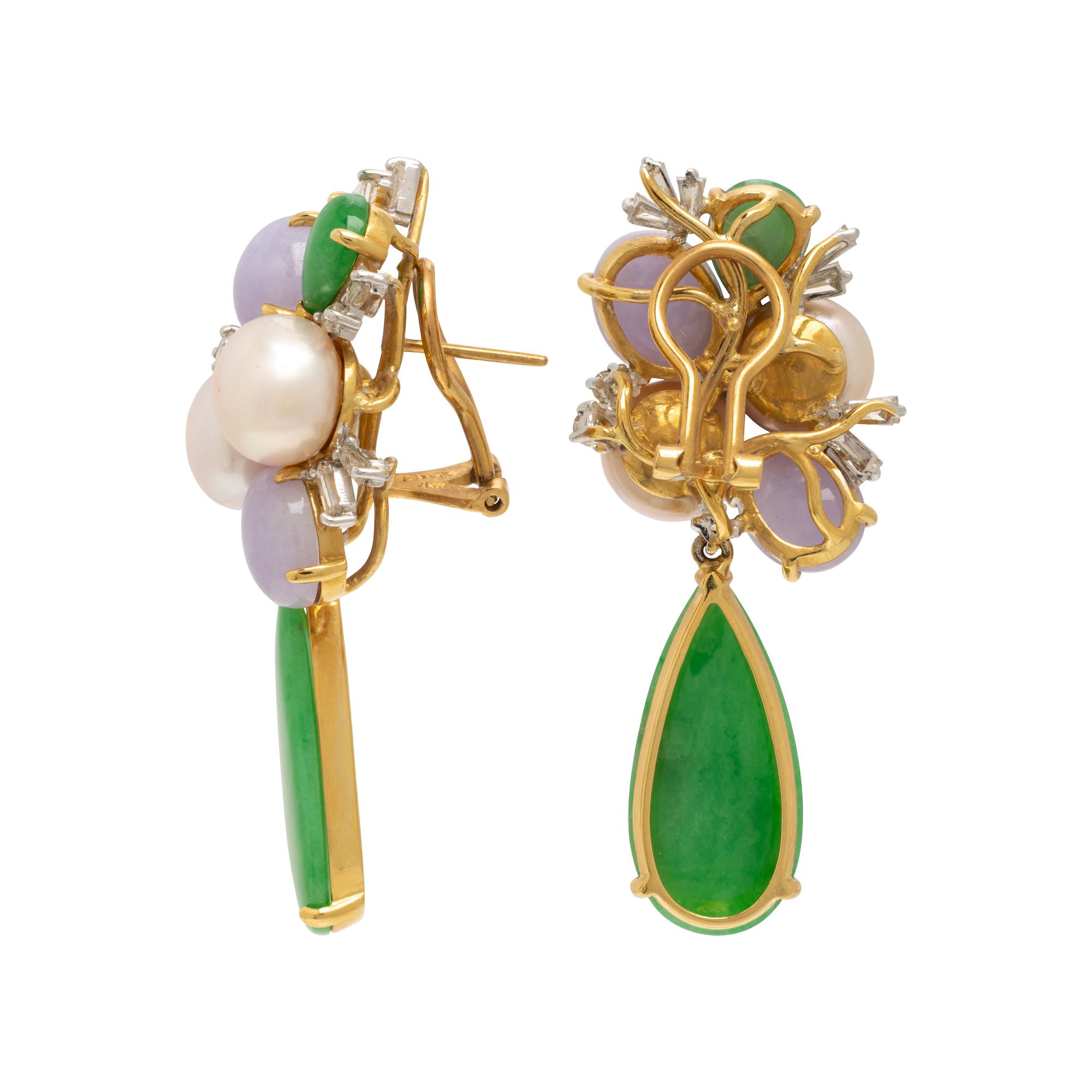 Jade, Cultured Pearl, and Diamond Drop Earrings
