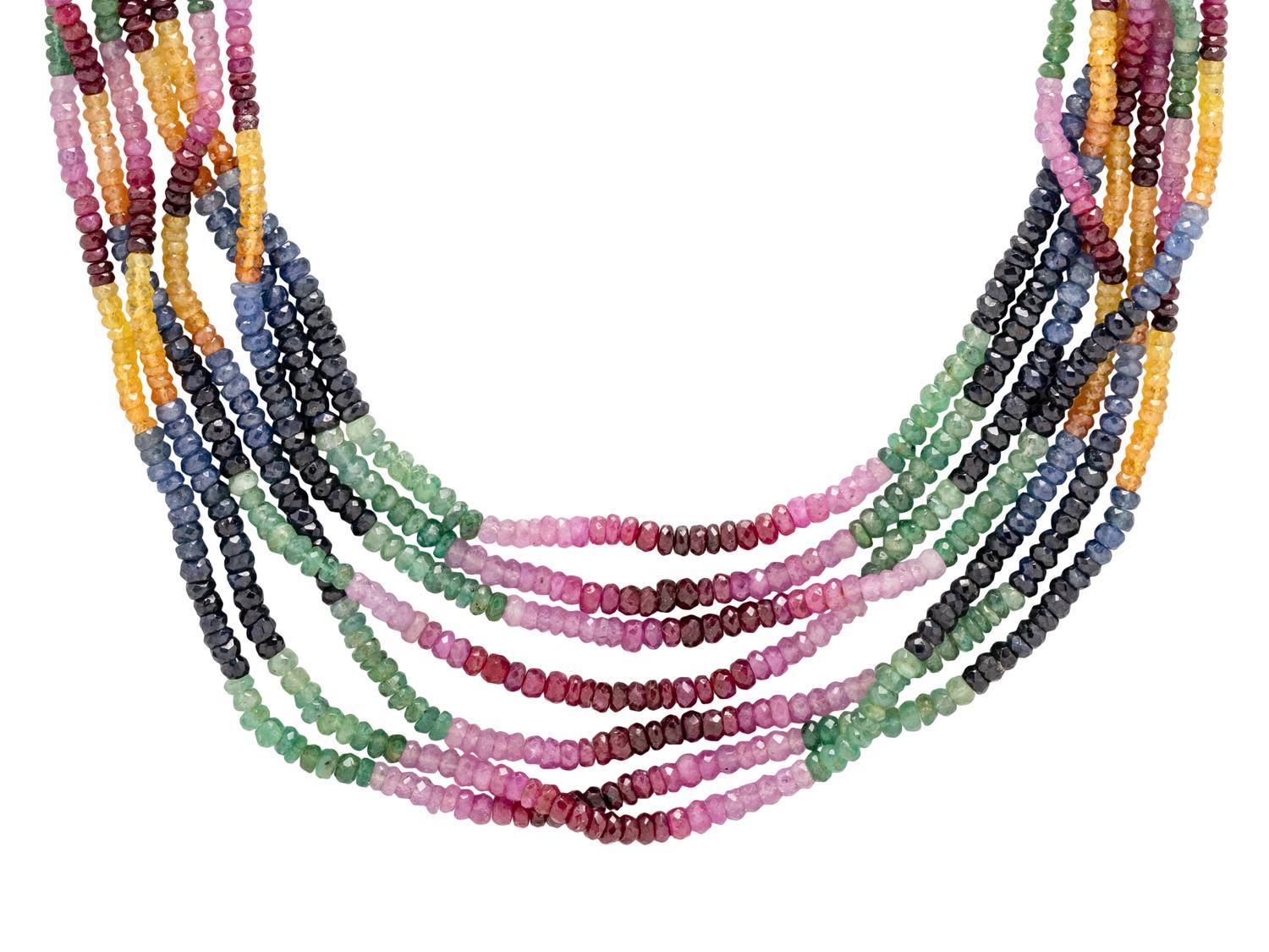 MULTISTRAND RUBY, EMERALD, AND SAPPHIRE BEADED NECKLACE