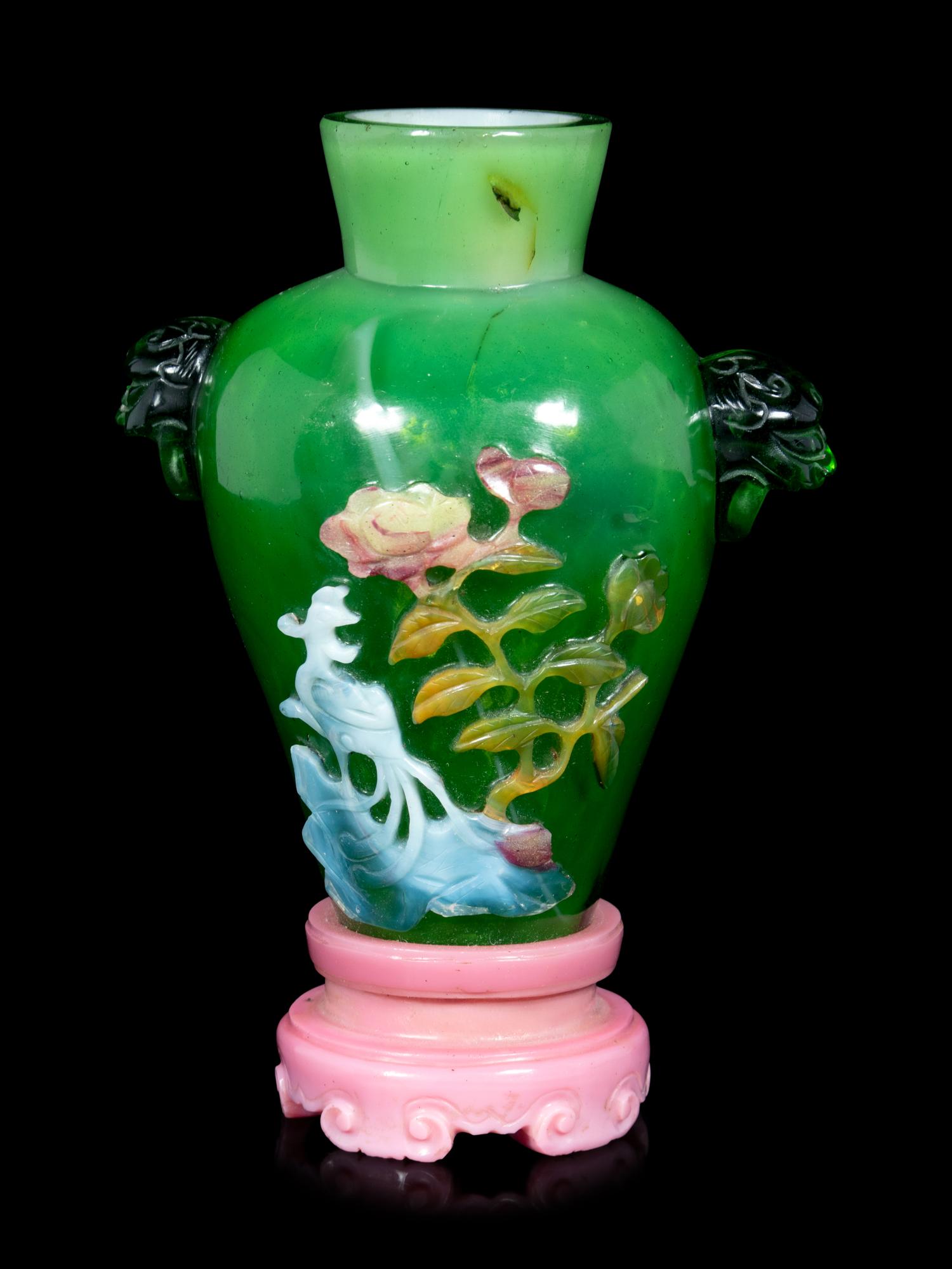 A Chinese Multi-Colored Overlay Transparent Green Glass Vase
