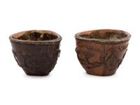 A Pair of Chinese Silver Inlaid Carved Bamboo Cups