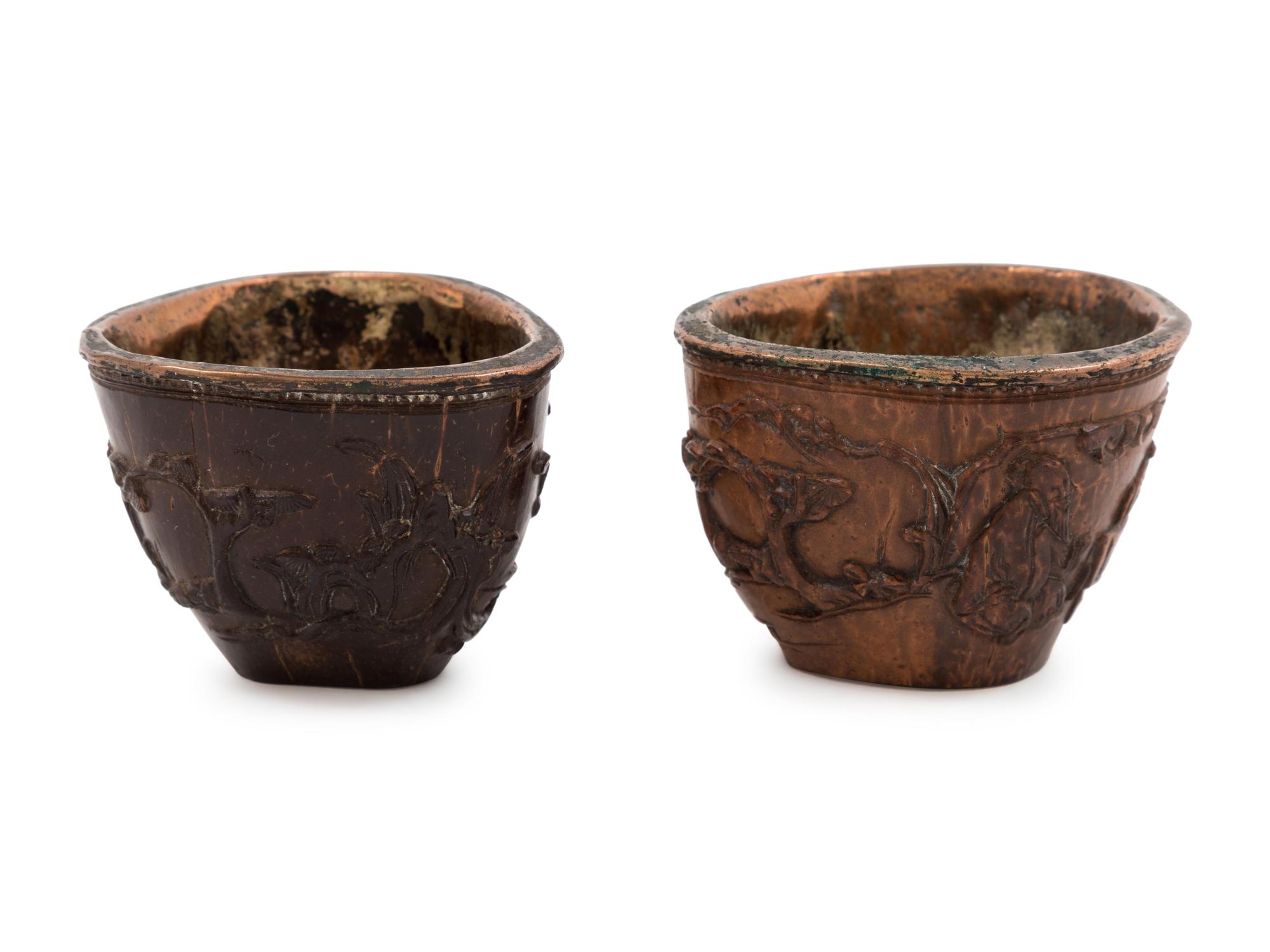 A Pair of Chinese Silver Inlaid Carved Bamboo Cups
