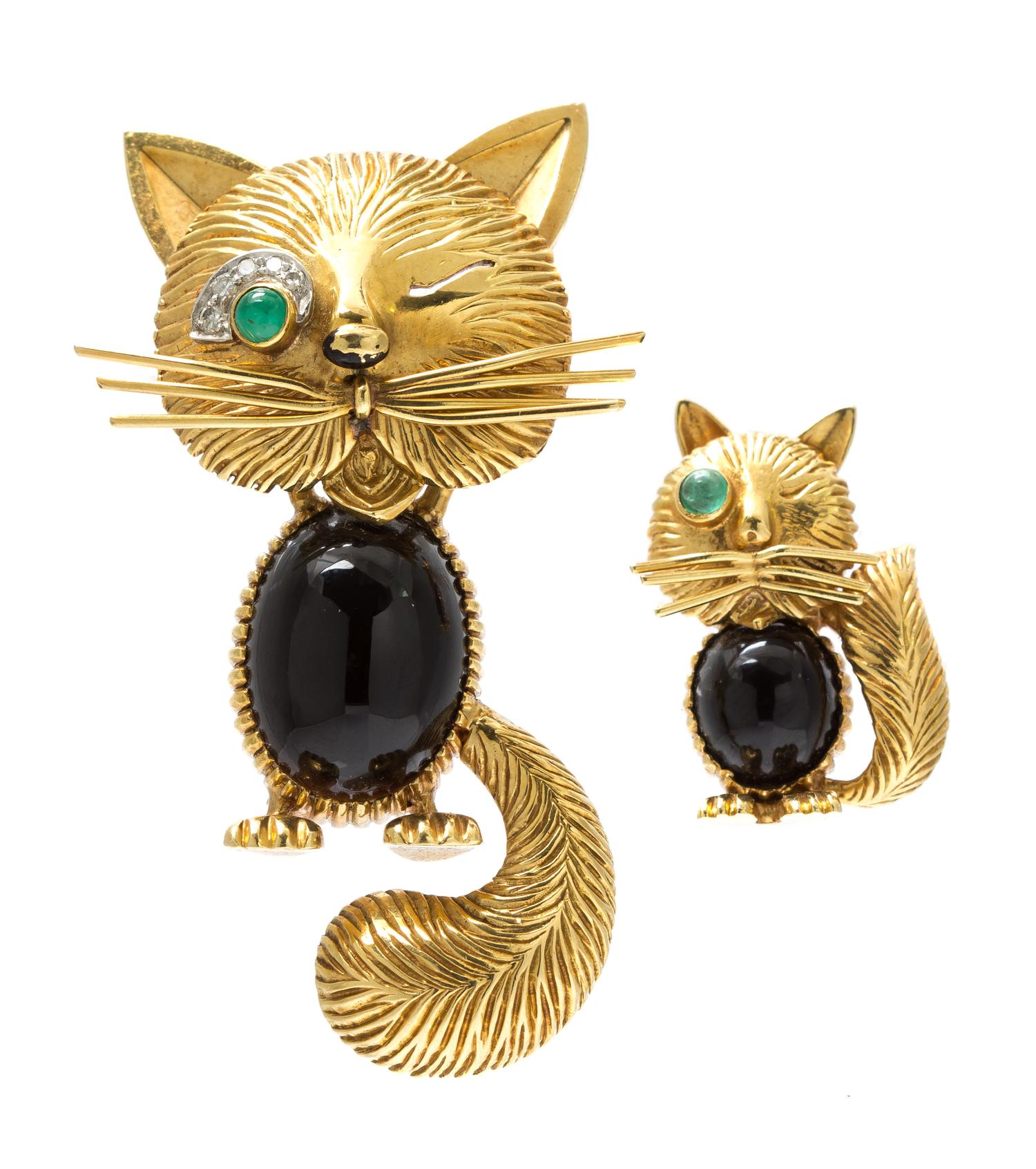 A Pair of Yellow Gold and Multi Gem Cat Pins, Van Cleef and Arpels, 16.50 dwts.