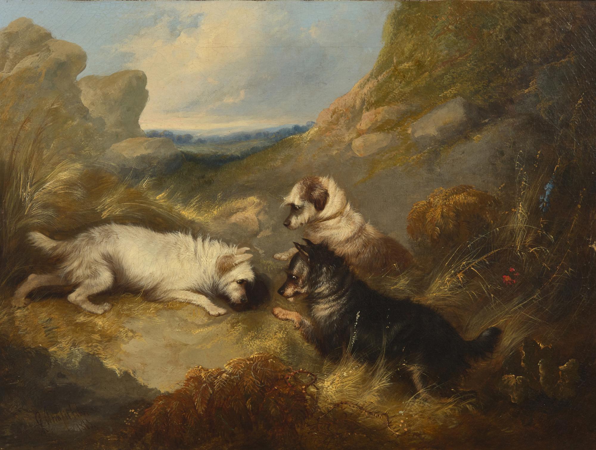 George Armfield (English, 1810-1893), A Pair: Dogs Chasing Prey in Landscapes , dated “1848”