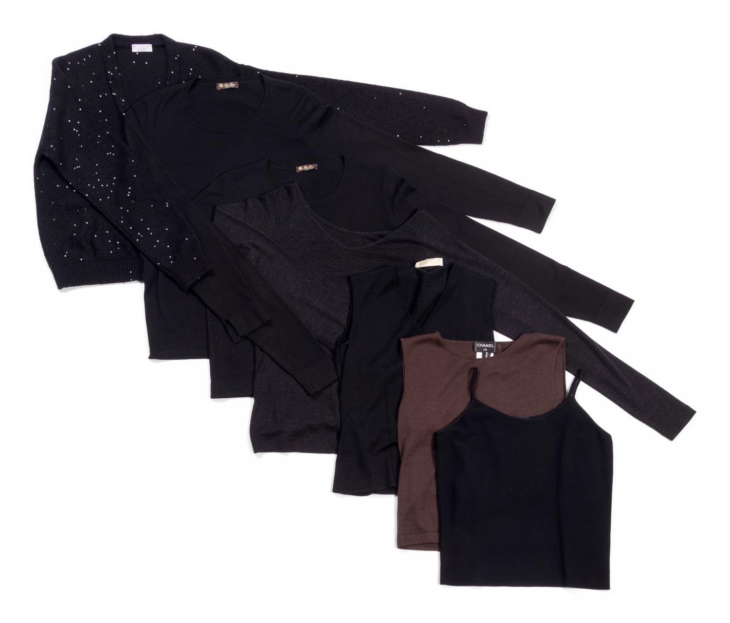 Seven Designer Knit Tops: Two Brunello Cucinelli, Two Loro Piana, One Chanel, One Valentino, and One Giorgio Armani