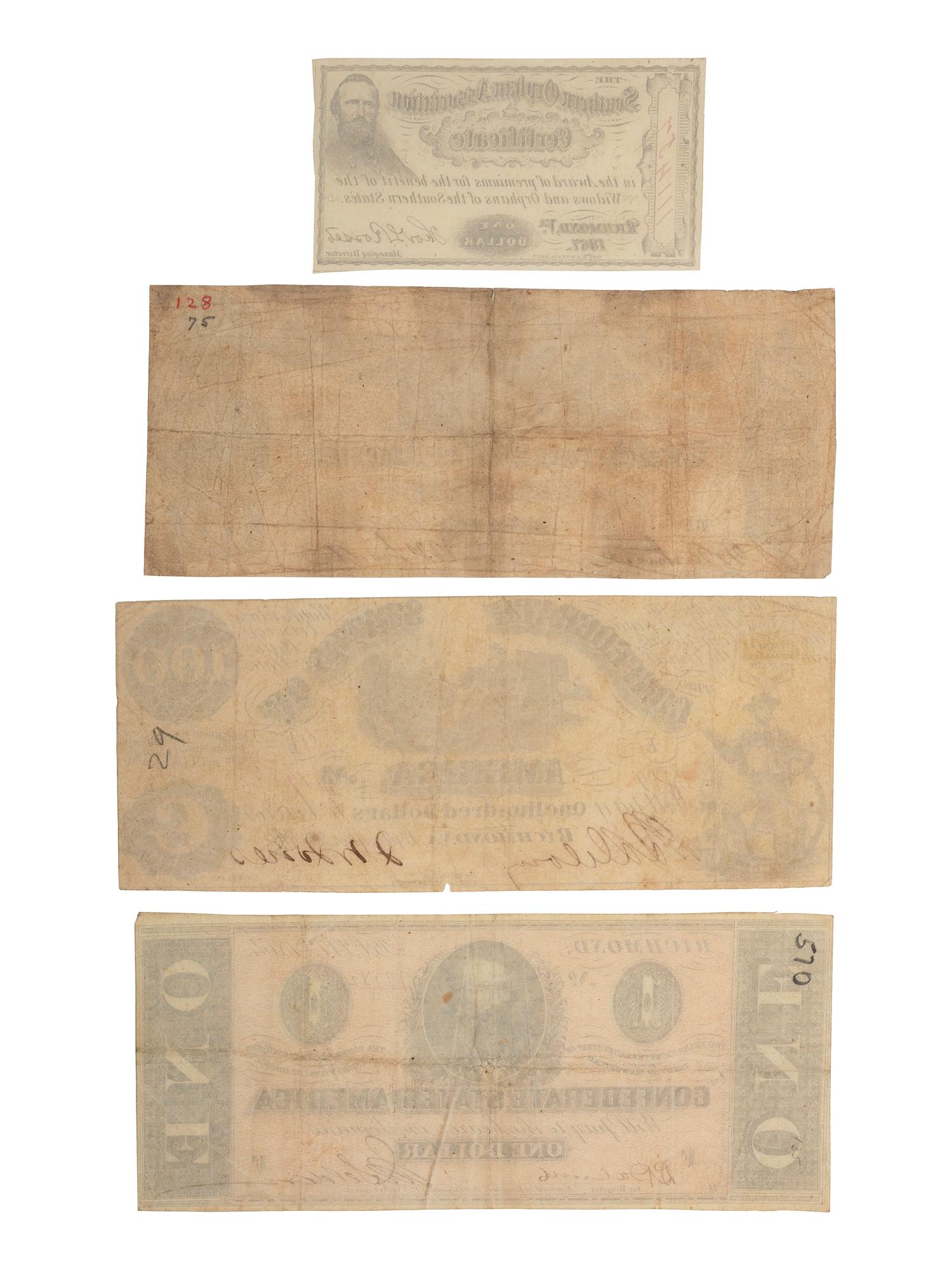 [CIVIL WAR]. A group of 5 items, incl. Confederate States of America $1000 bond sheet.