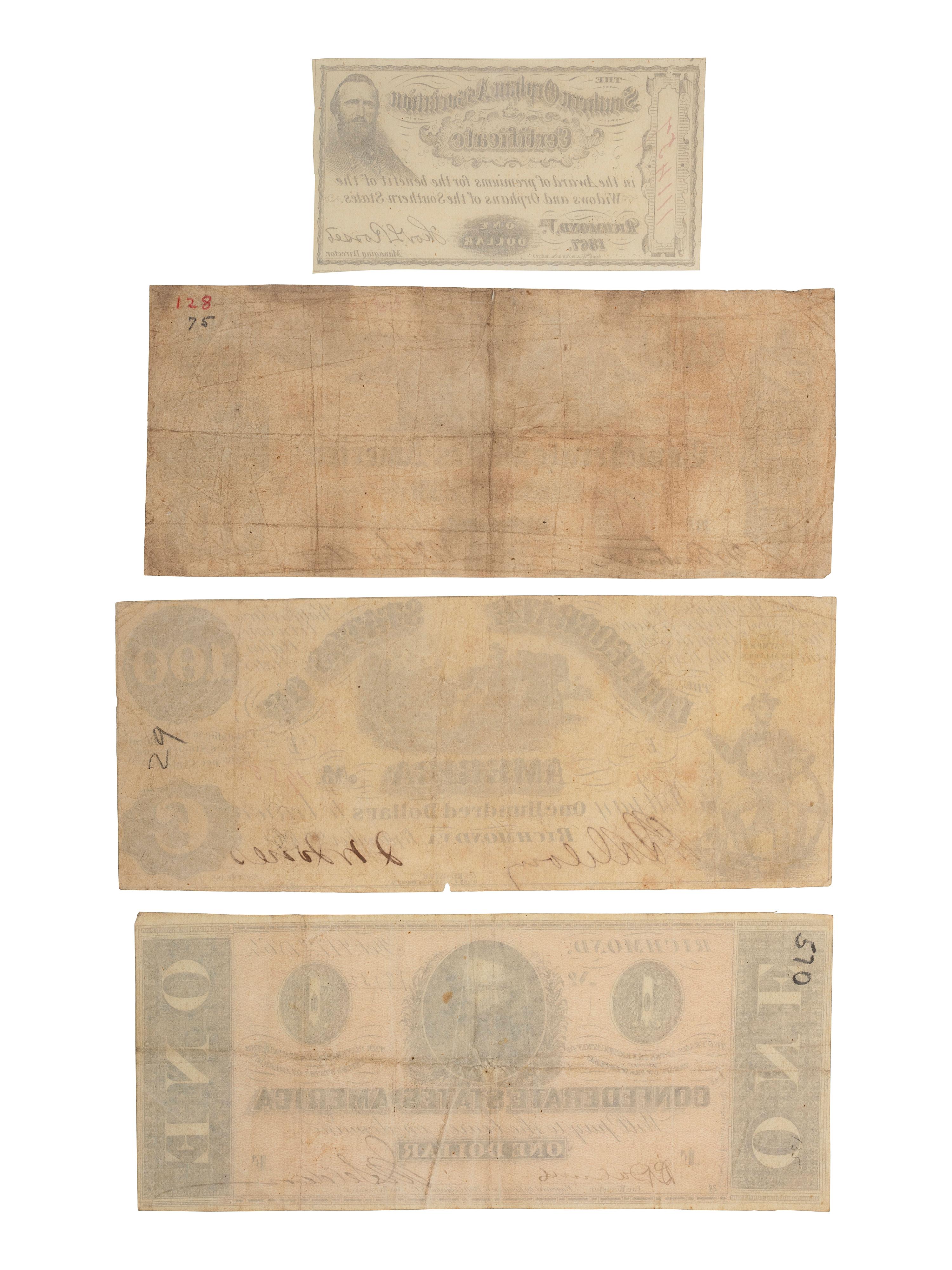 [CIVIL WAR]. A group of 5 items, incl. Confederate States of America $1000 bond sheet.