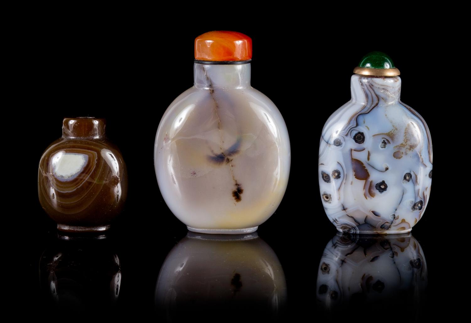 Three Snuff Bottles Height of tallest 3 inches.