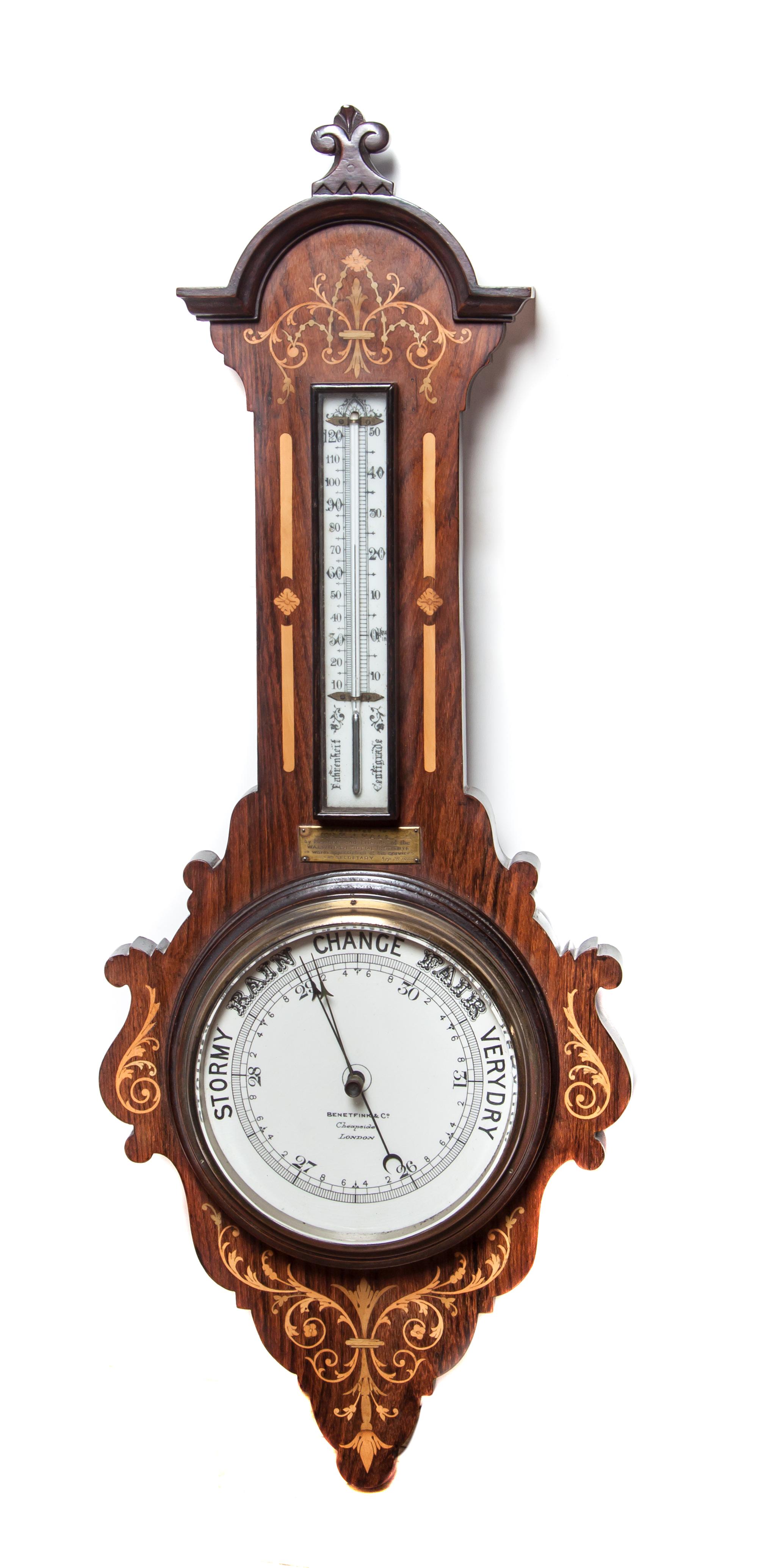 An English Marquetry Rosewood Barometer, Benetfink & Co., Height 34 inches.