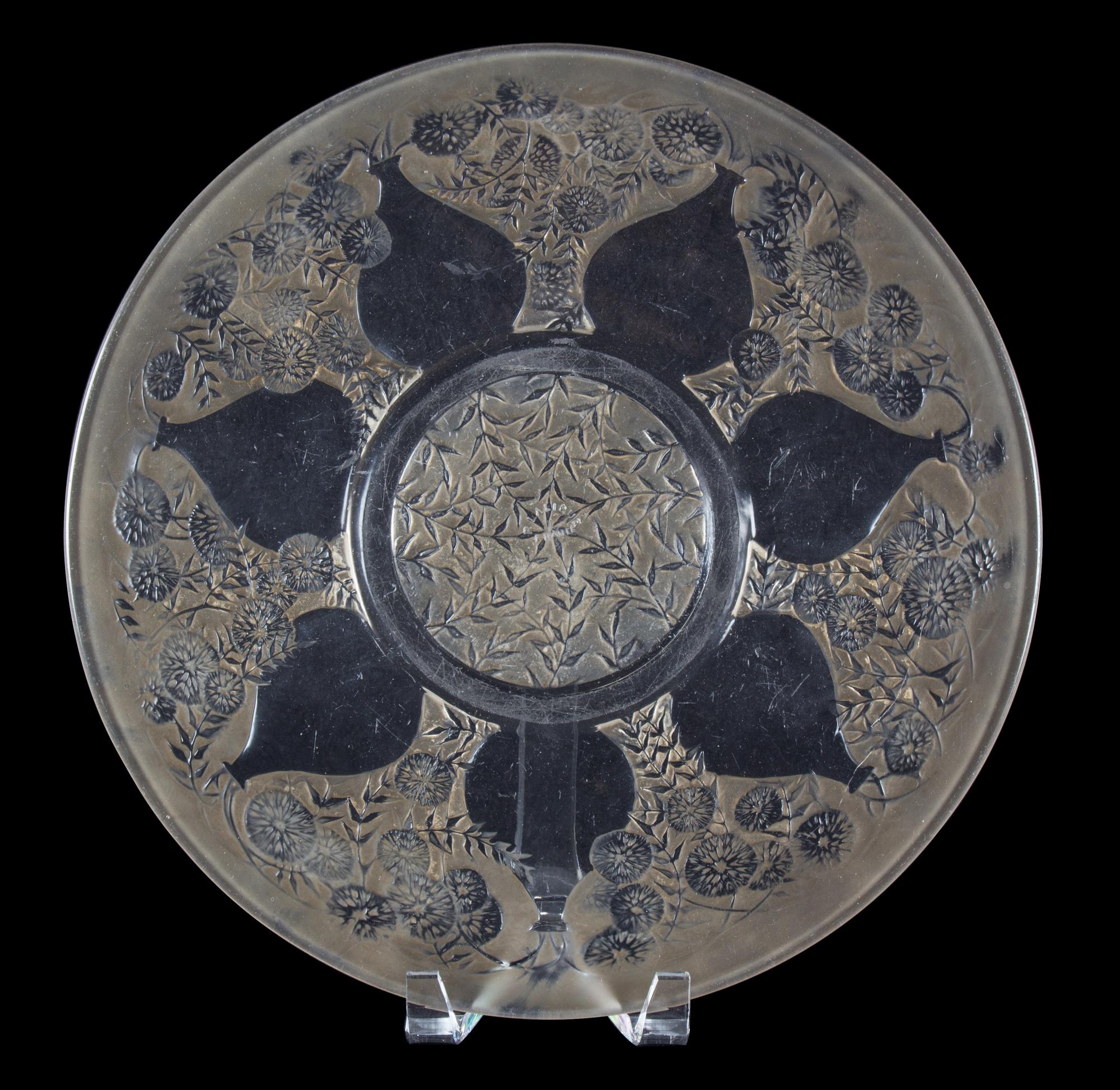 An R. Lalique Molded and Frosted Glass Vases No. 1 Charger Diameter 12 1/2 inches. — 20TH CENTURY
