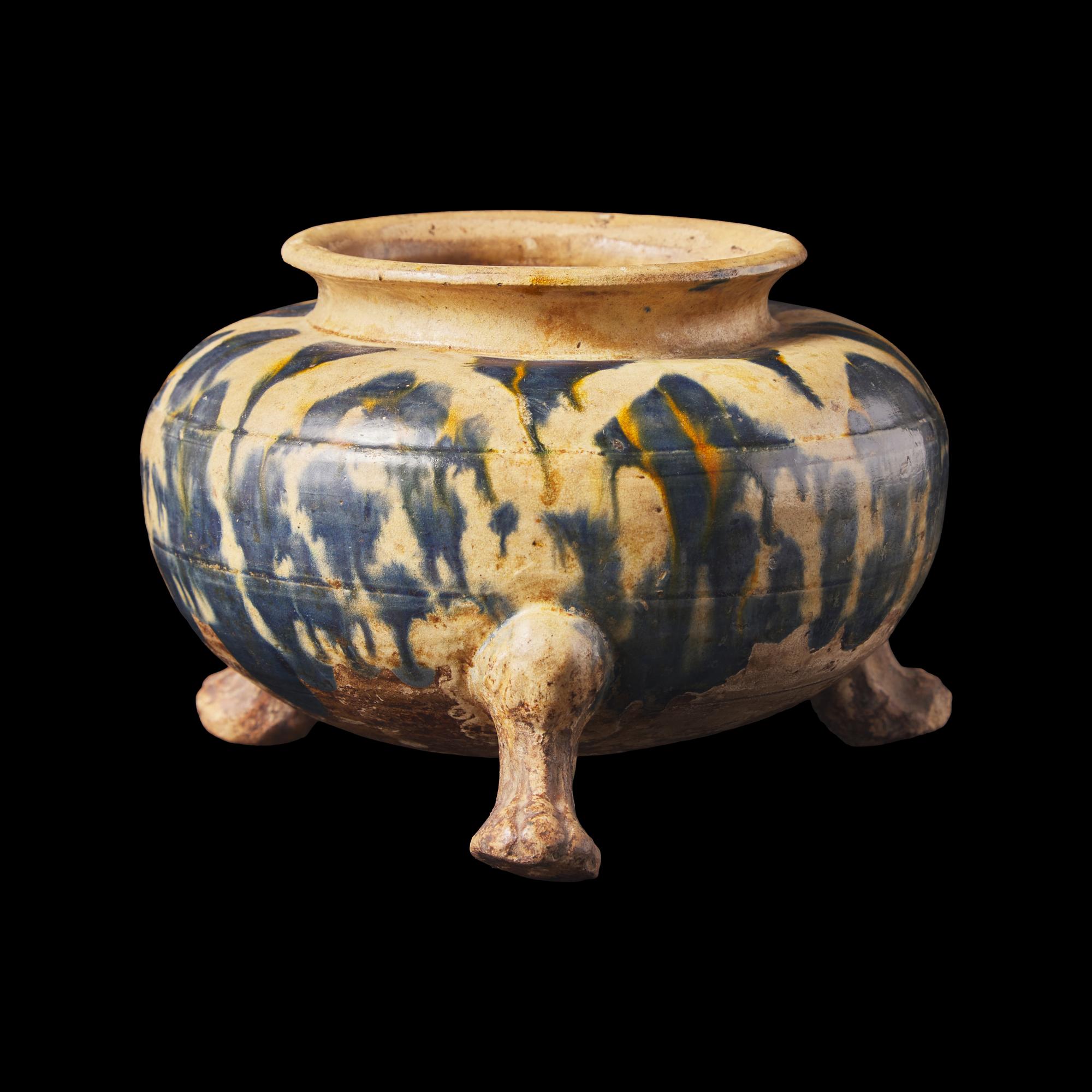 A Rare Chinese Blue and Amber-Splashed Tripod Vessel, Probably Tang Dynasty 或爲唐 藍彩三足陶爐