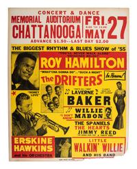 [MUSIC]. The Biggest Rhythm & Blues Show of '55 . Concert poster promoting performances by The Drifters, Roy Hamilton, and Laverne Baker at the Memorial Auditorium, Chattanooga, TN. 27 May 1955.