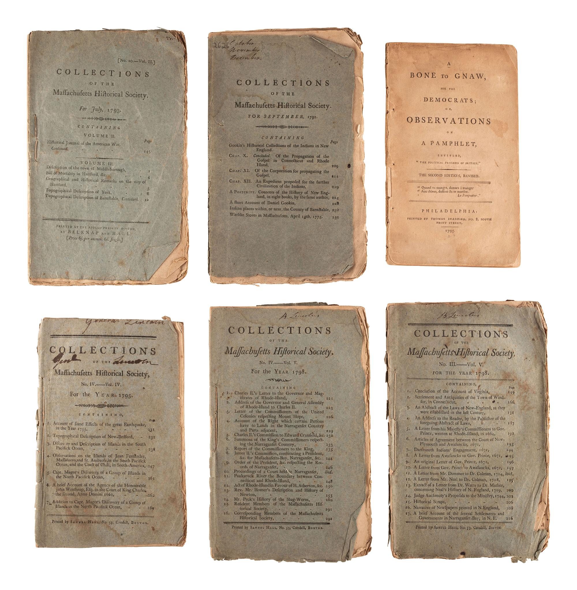 [POLITICS]. Six issues Collections of the Massachusetts Historical Society, including three inscribed by General Benjamin Lincoln (1733-1810) .