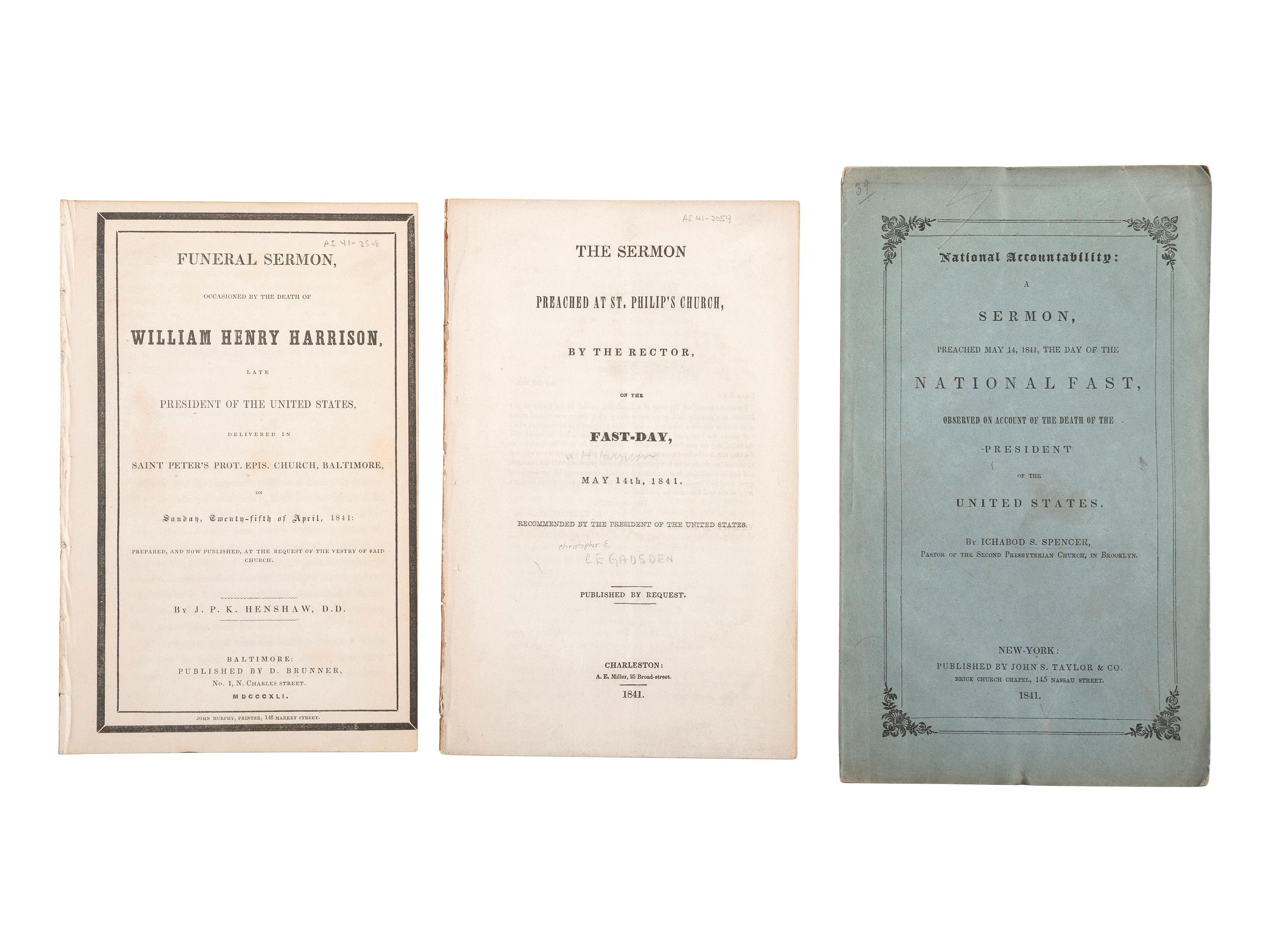 [HARRISON, William Henry]. A group of pamphlets of eulogies, sermons, and memorials to William Henry Harrison, comprising: