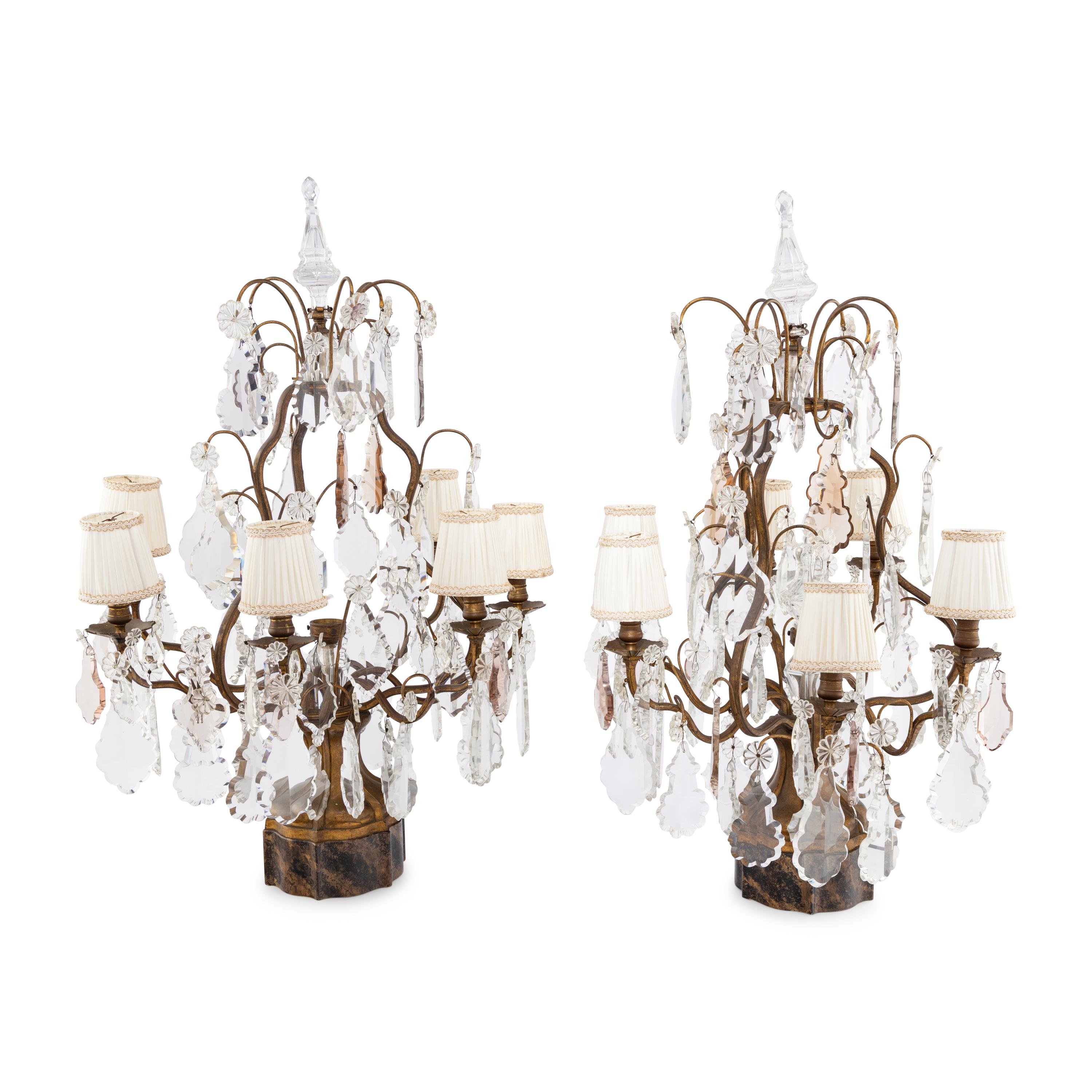 A Pair of French Gilt Metal and Cut Glass Six-Light Girandole Lamps