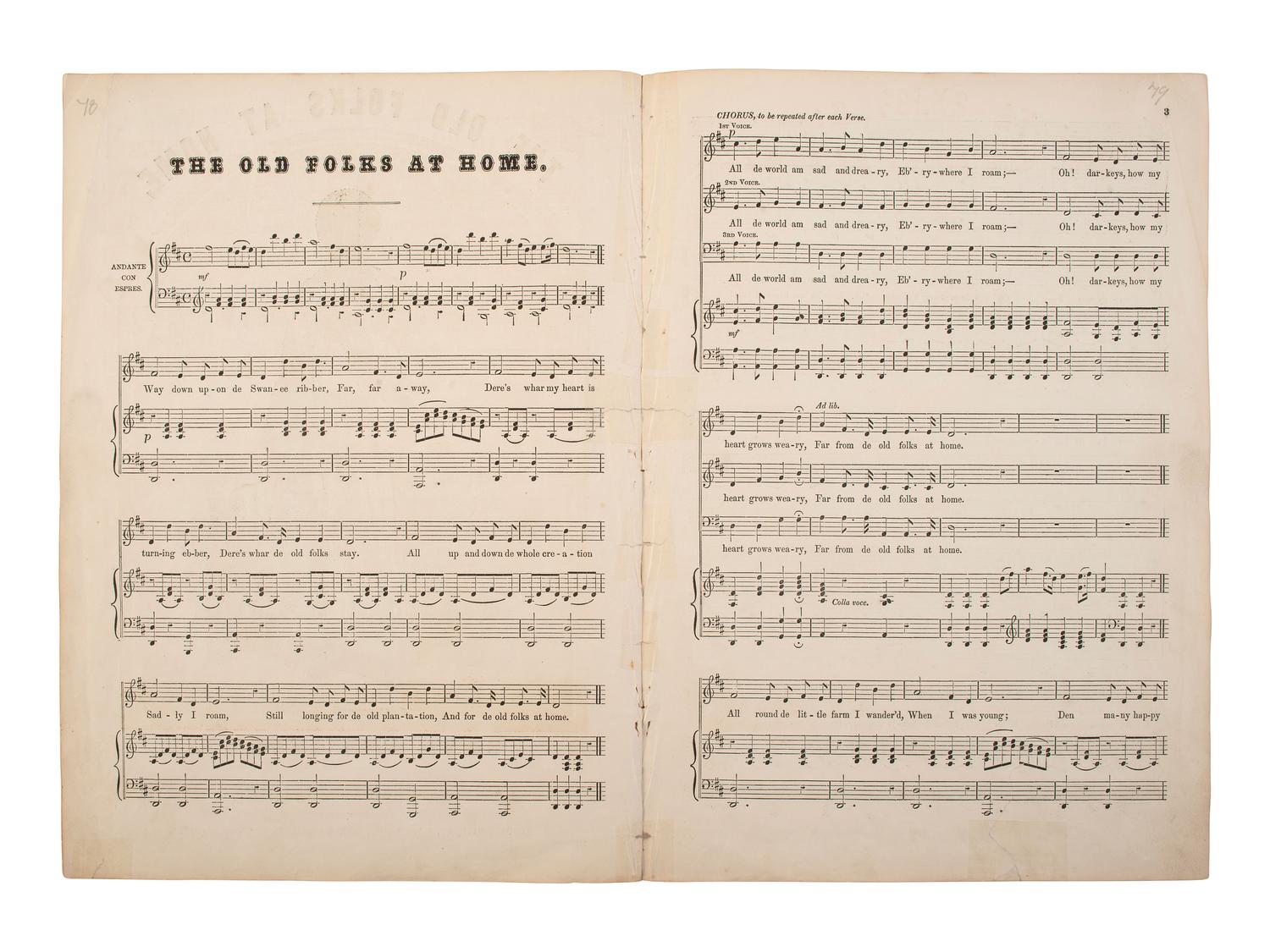 [ENTERTAINMENT - MUSIC]. Jim Crow, the American Mountebank performing at the Grand Theatre . London: S.W. Fores, ca 1830s. [ With: ] The Old Folks at Home . Illustrated sheet music.