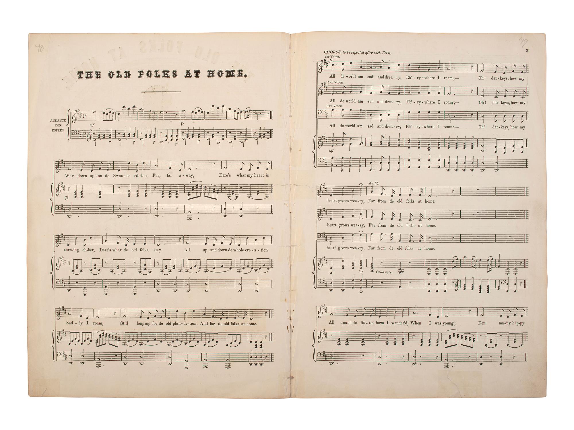 [ENTERTAINMENT - MUSIC]. Jim Crow, the American Mountebank performing at the Grand Theatre . London: S.W. Fores, ca 1830s. [ With: ] The Old Folks at Home . Illustrated sheet music.