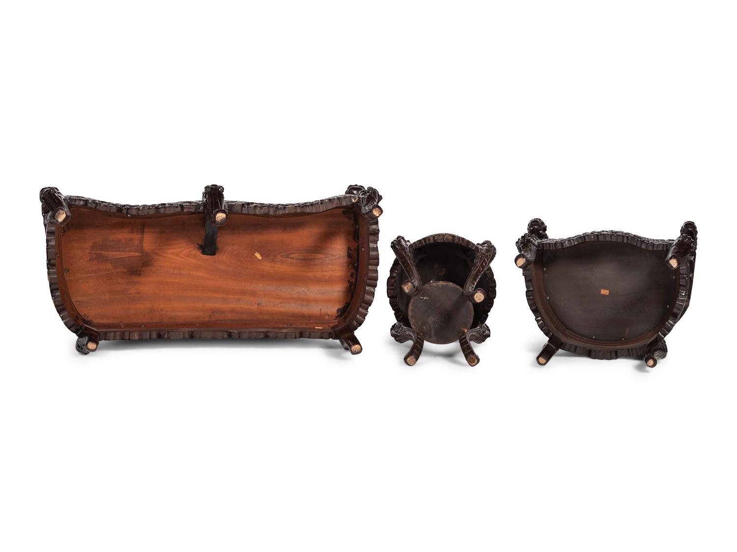 A Japanese Carved Hardwood Armchair, Settee and Marble Inset Stand