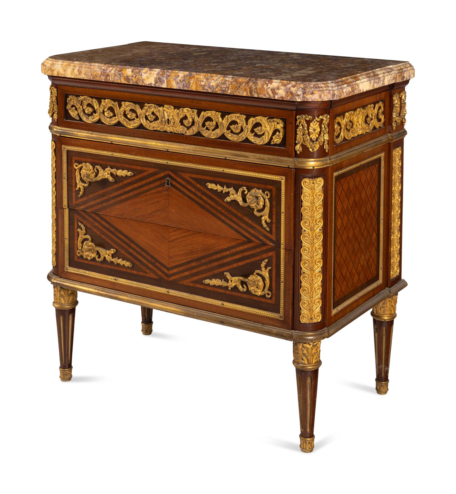 A Louis XVI Style Gilt Bronze Mounted Kingwood, Mahogany and Parquetry Brocatelle Violette d'Espagne Marble-Top Commode