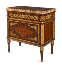 A Louis XVI Style Gilt Bronze Mounted Kingwood, Mahogany and Parquetry Brocatelle Violette d'Espagne Marble-Top Commode