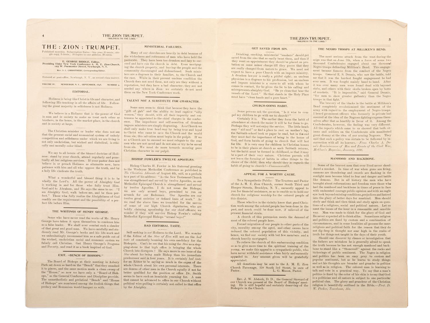 [CIVIL WAR]. Two issues of The Zion Trumpet , published by the Rev. Eli George Biddle (1846-1940), veteran of the 54th Massachusetts Infantry regiment.