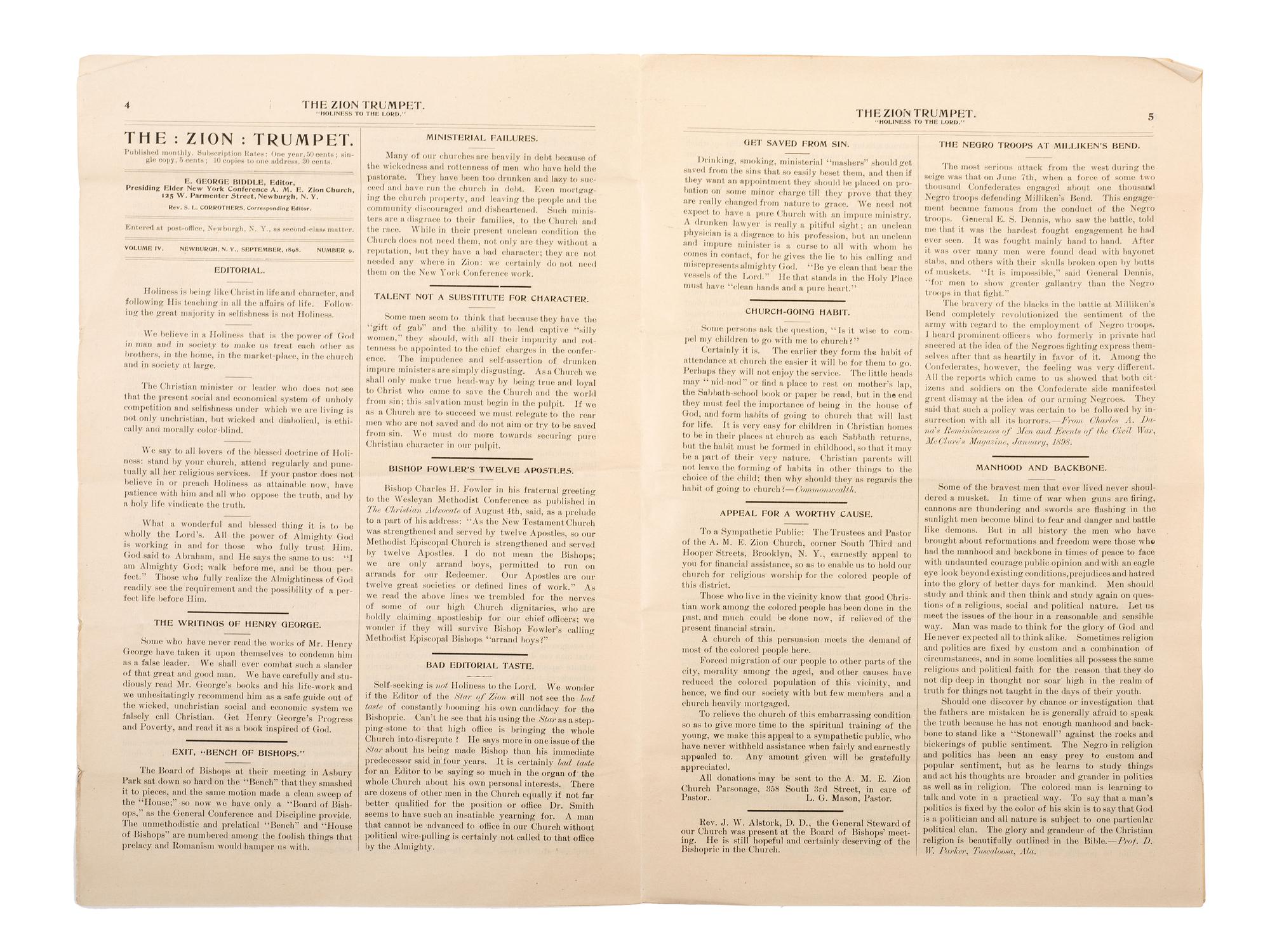[CIVIL WAR]. Two issues of The Zion Trumpet , published by the Rev. Eli George Biddle (1846-1940), veteran of the 54th Massachusetts Infantry regiment.