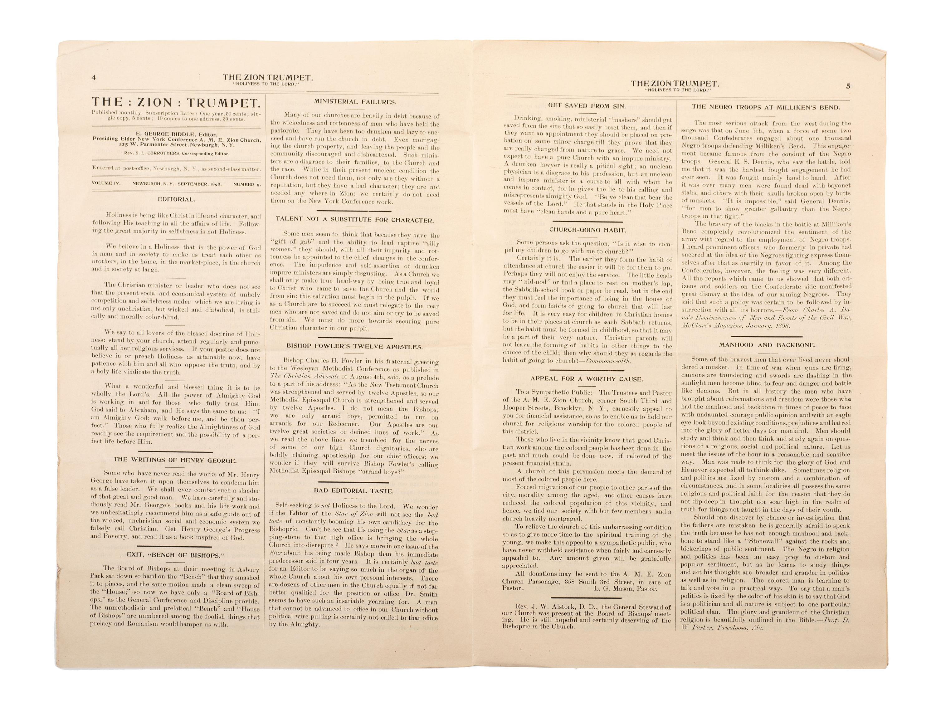 [CIVIL WAR]. Two issues of The Zion Trumpet , published by the Rev. Eli George Biddle (1846-1940), veteran of the 54th Massachusetts Infantry regiment.